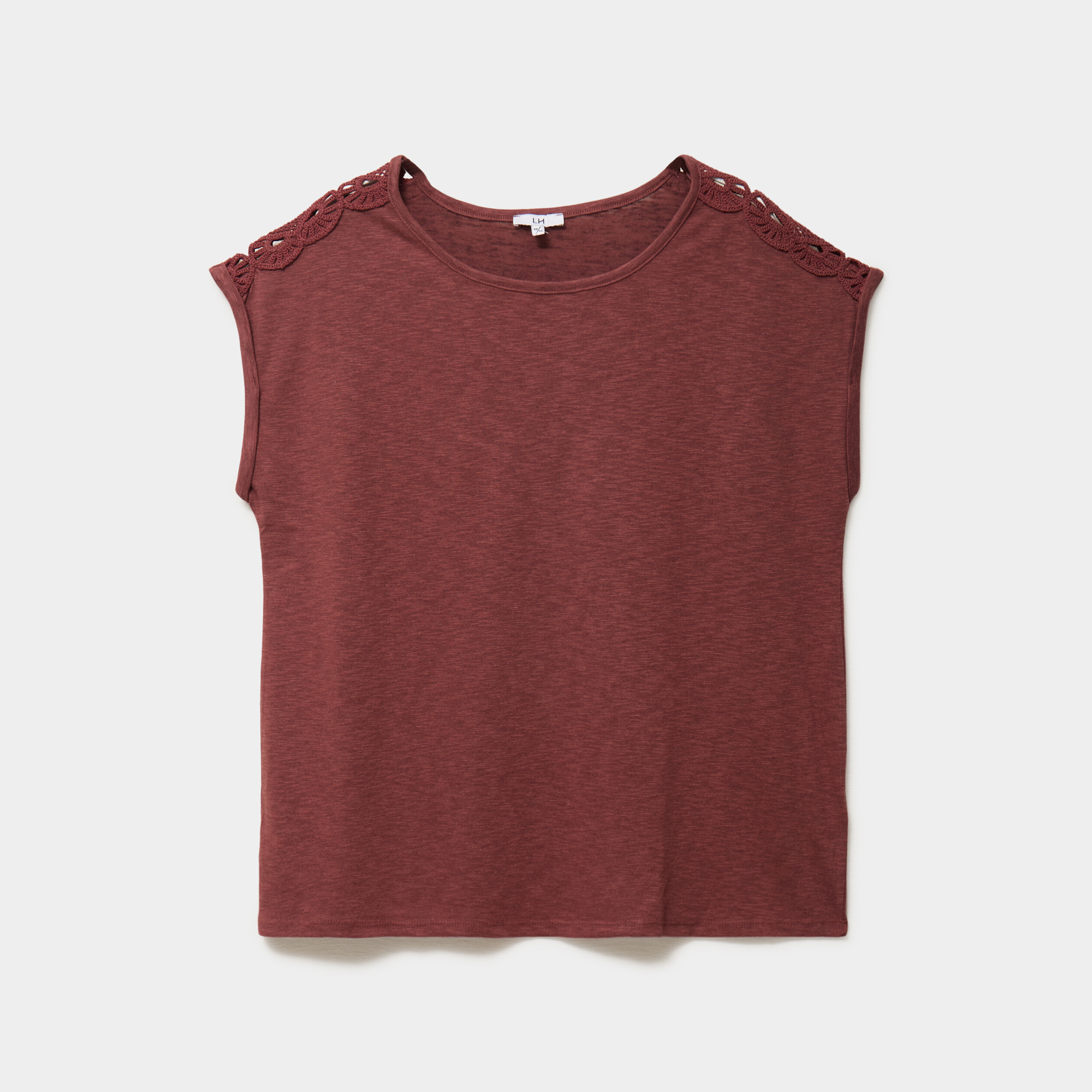T-shirt &eacute;paules effet macram&eacute; marron cognac femme grande taille