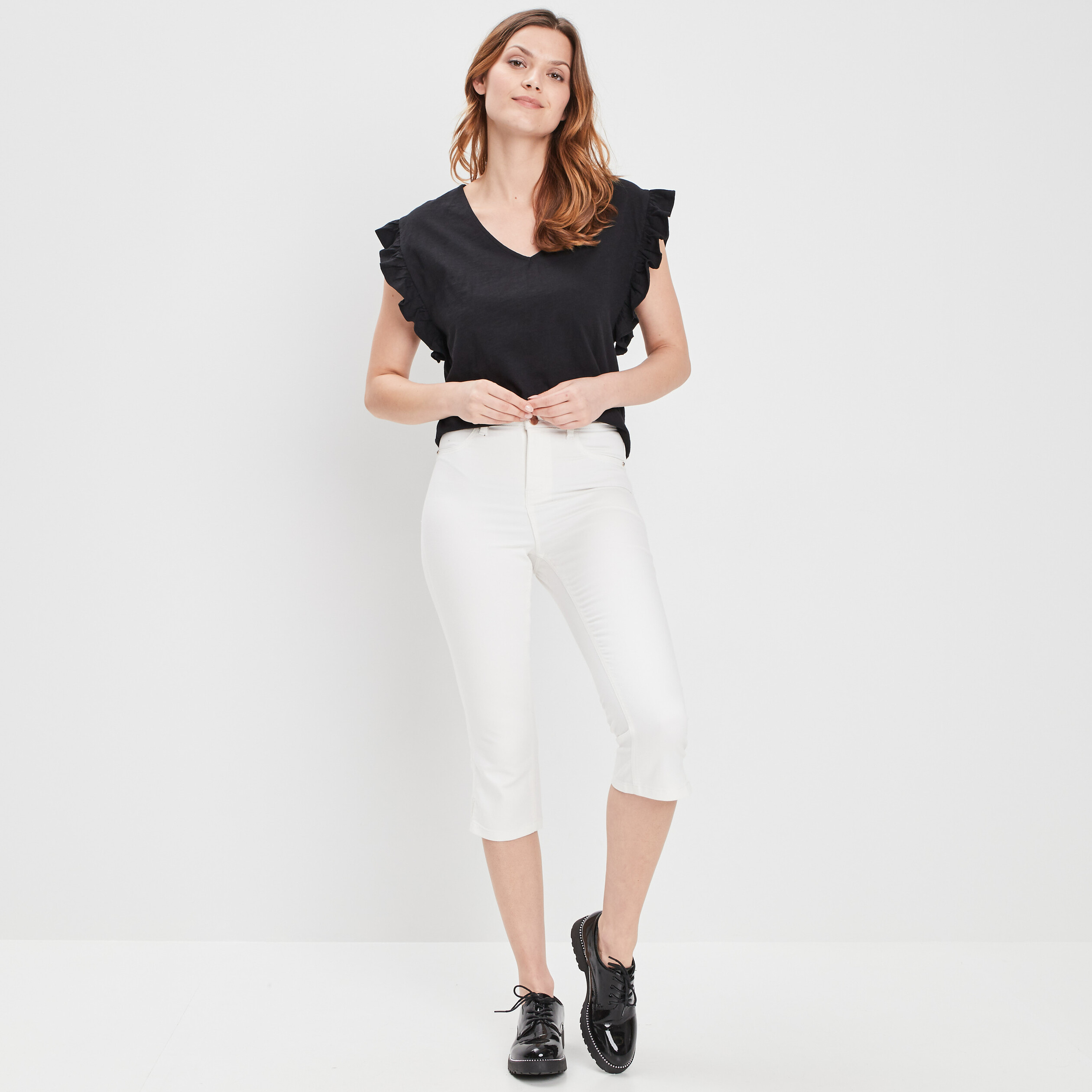 T-shirt manches courtes à volants noir femme