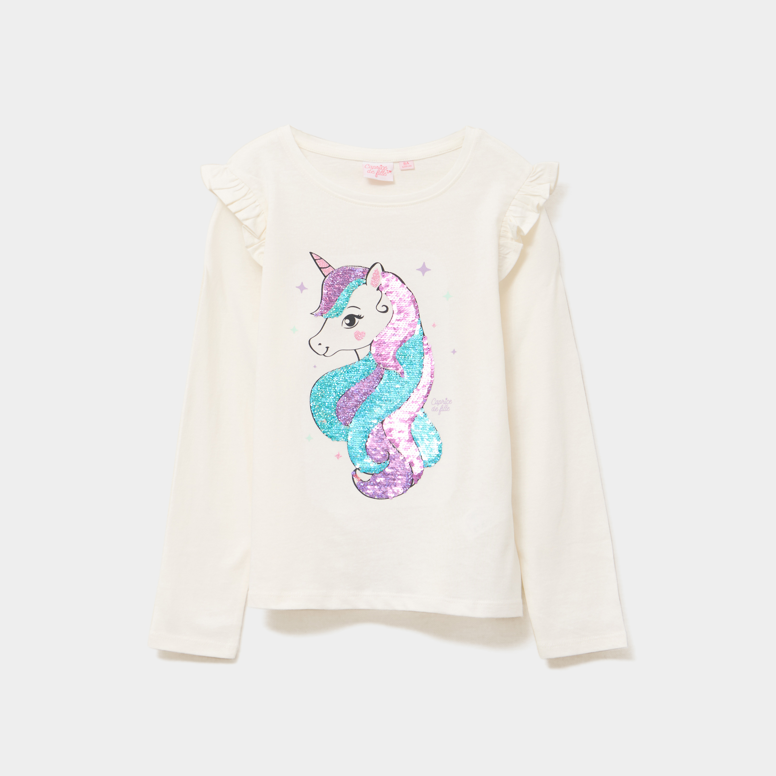 T-shirt à sequins manches longues coton ivoire fille