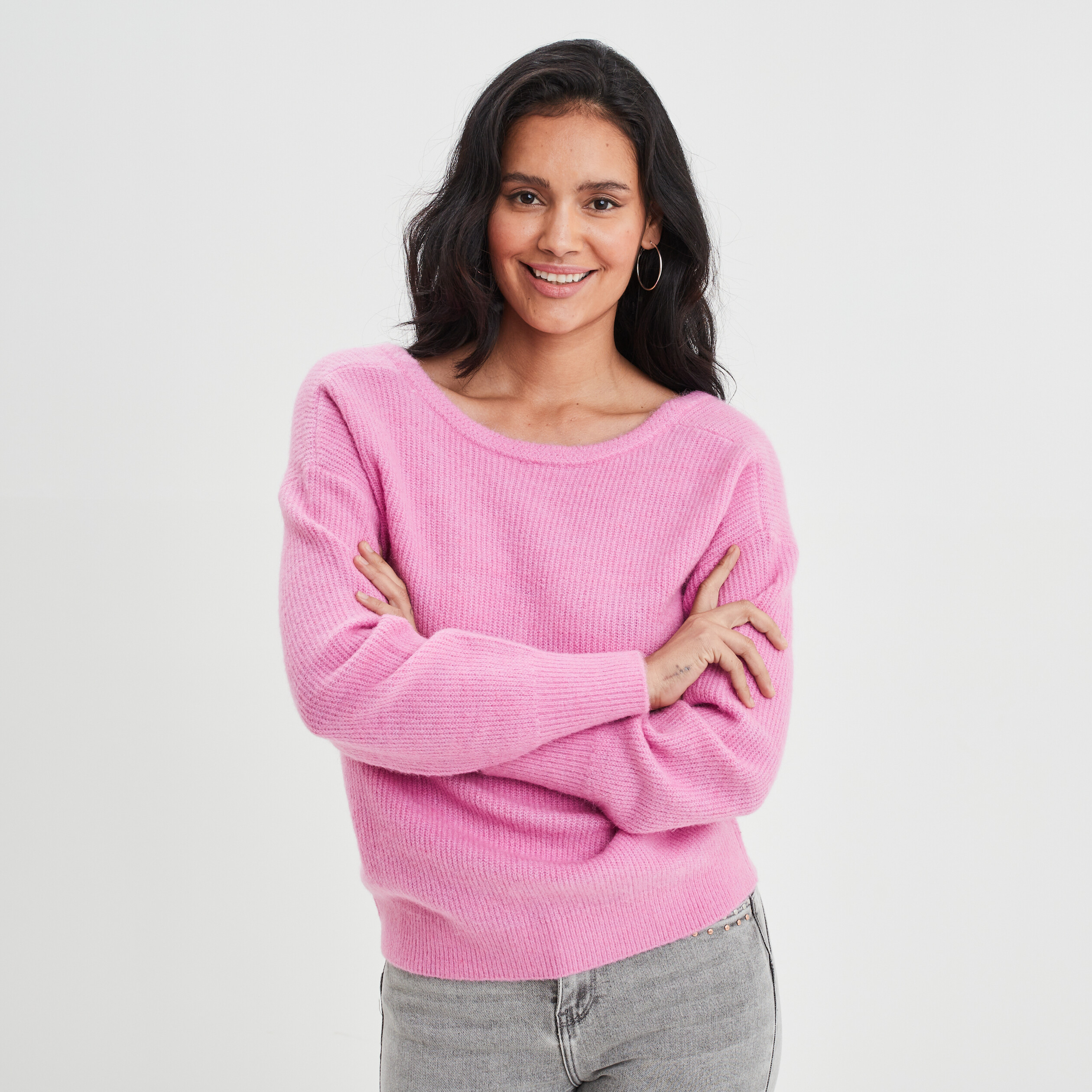 Pull réversible dos col en V rose femme