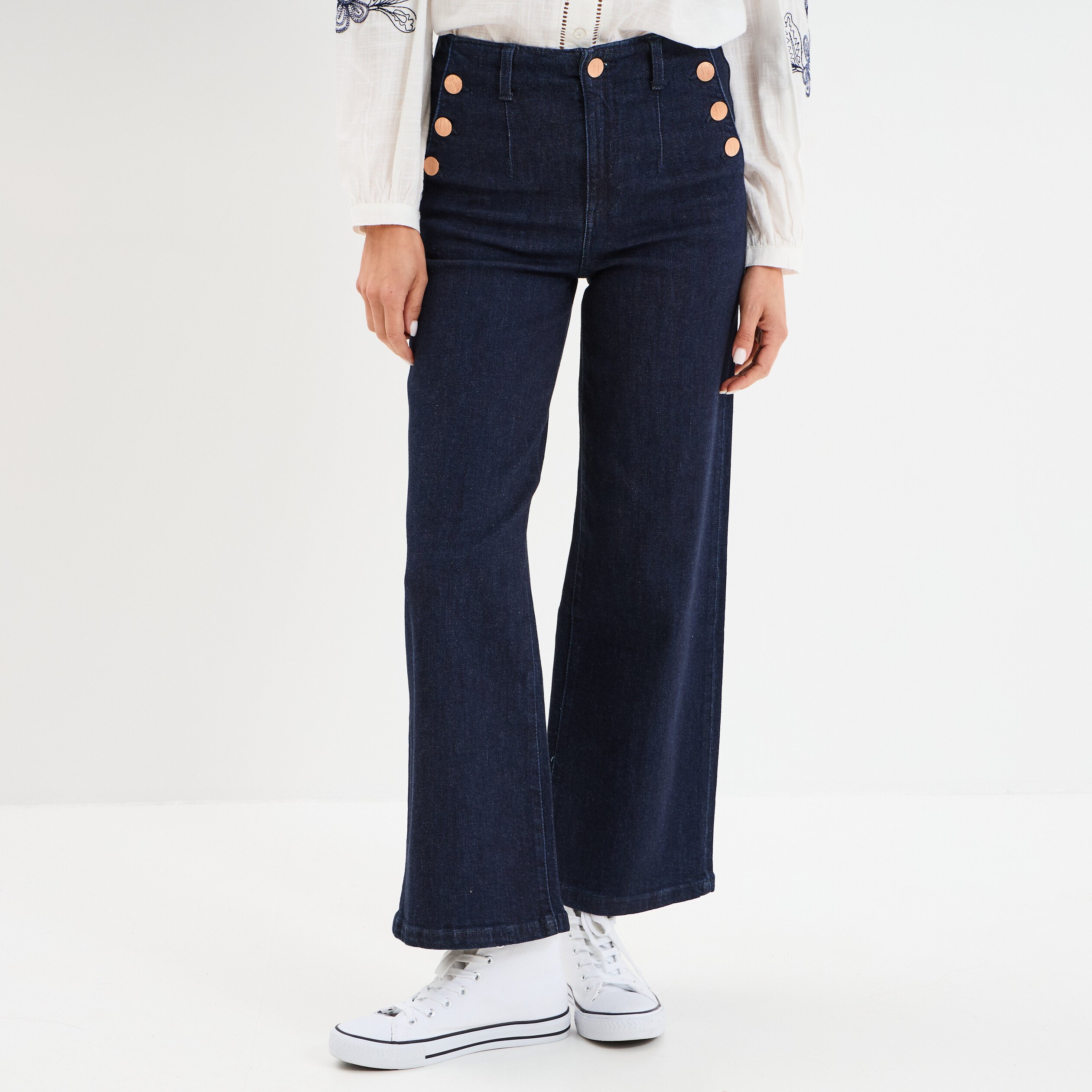 Jeans flare 7/8ème taille haute coton denim brut femme