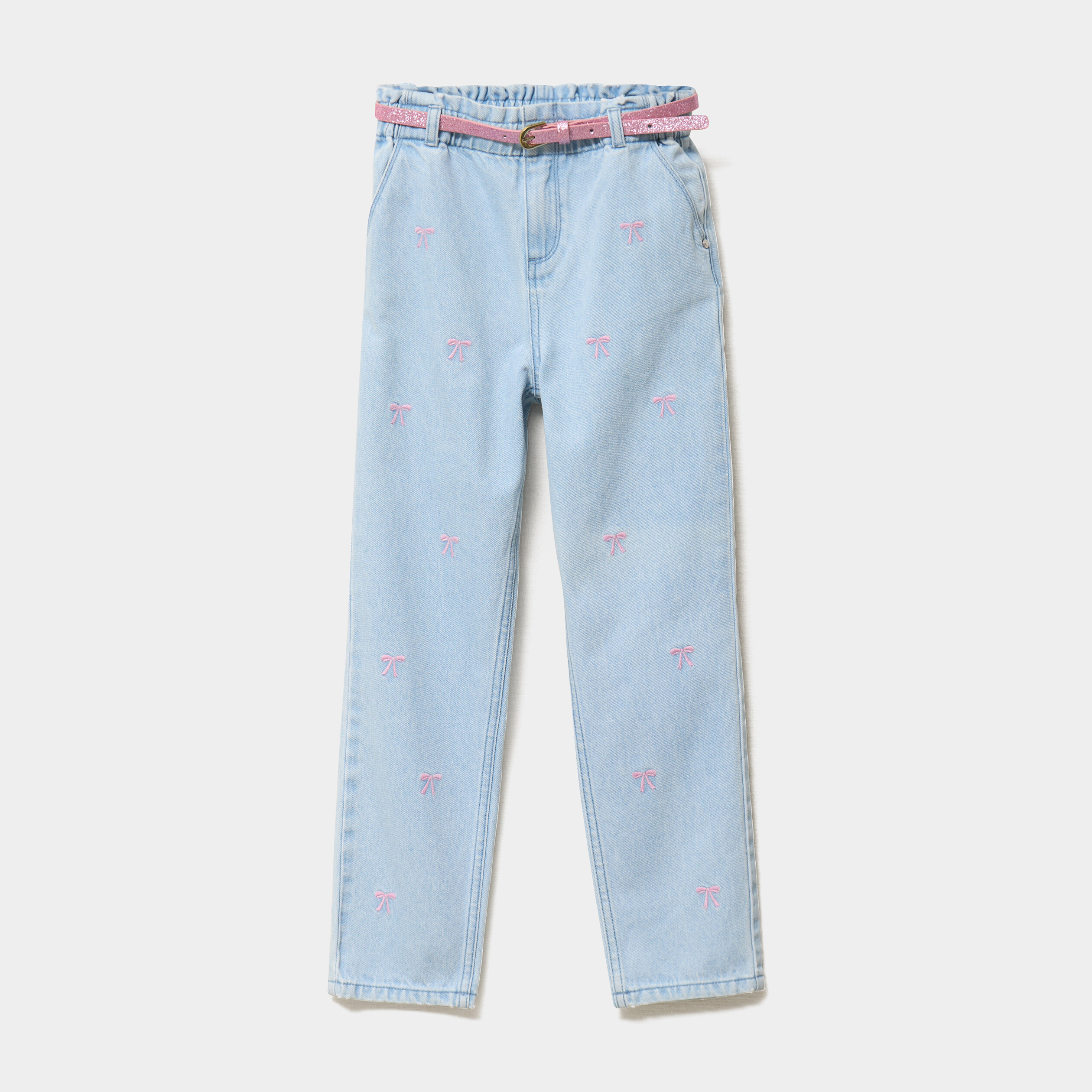 Jean mom brodé avec ceinture denim triple stone fille