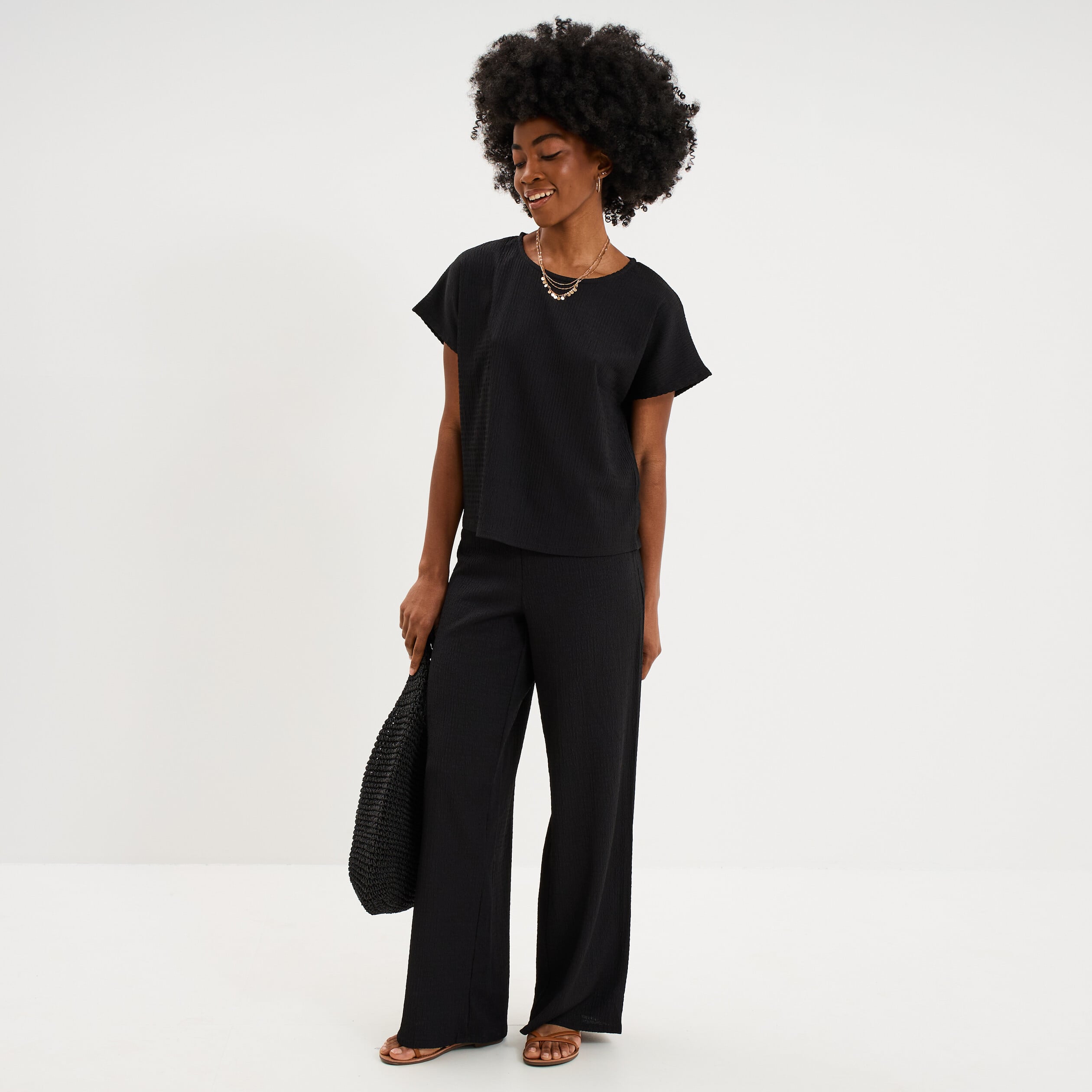 Pantalon large gaufr&eacute; taille &eacute;lastiqu&eacute;e noir femme
