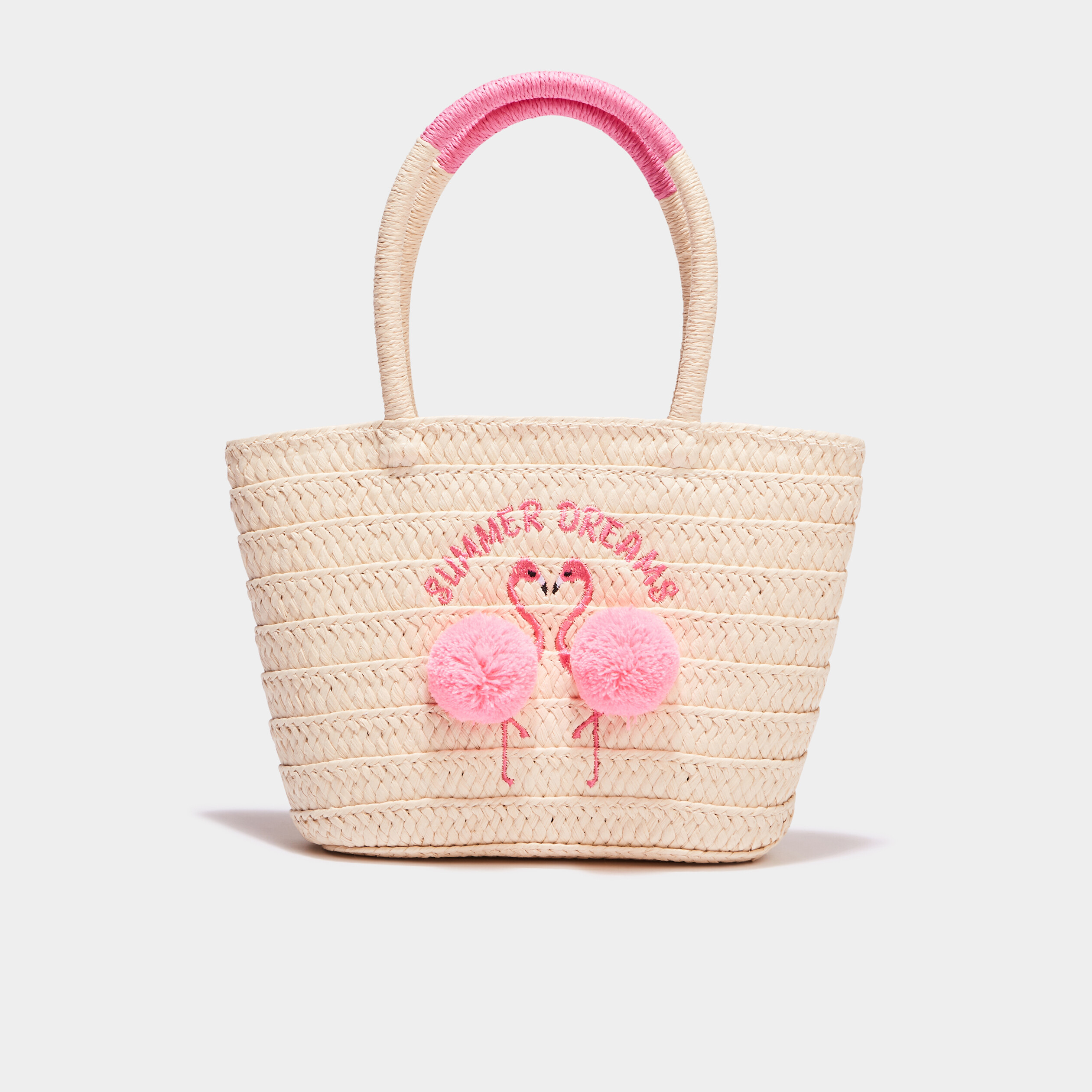 sac panier tresse a pompons sable fille Sac panier tressé à pompons sable fille