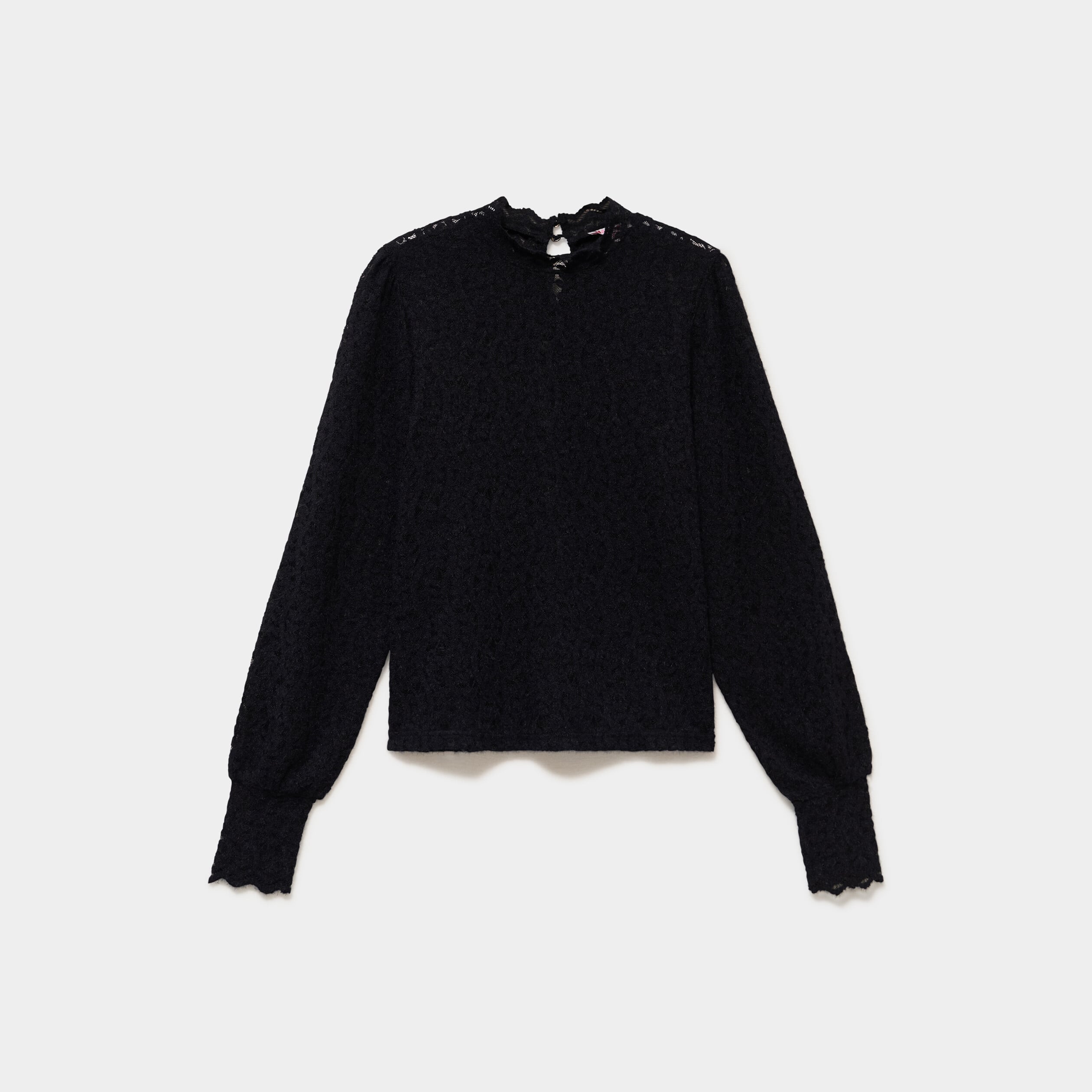 Blouse dentelle col montant noir femme
