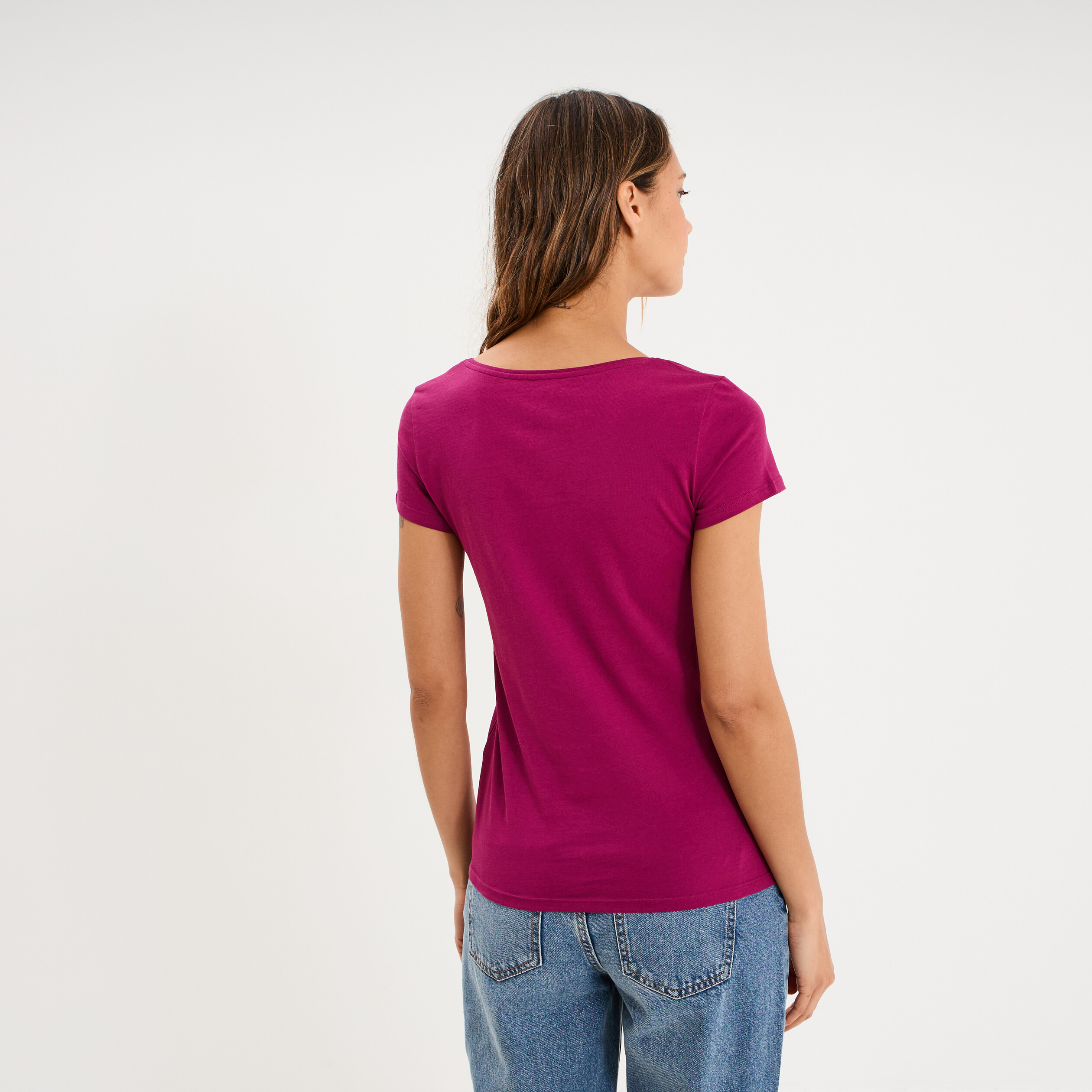 T-shirt coton col rond manches courtes prune femme