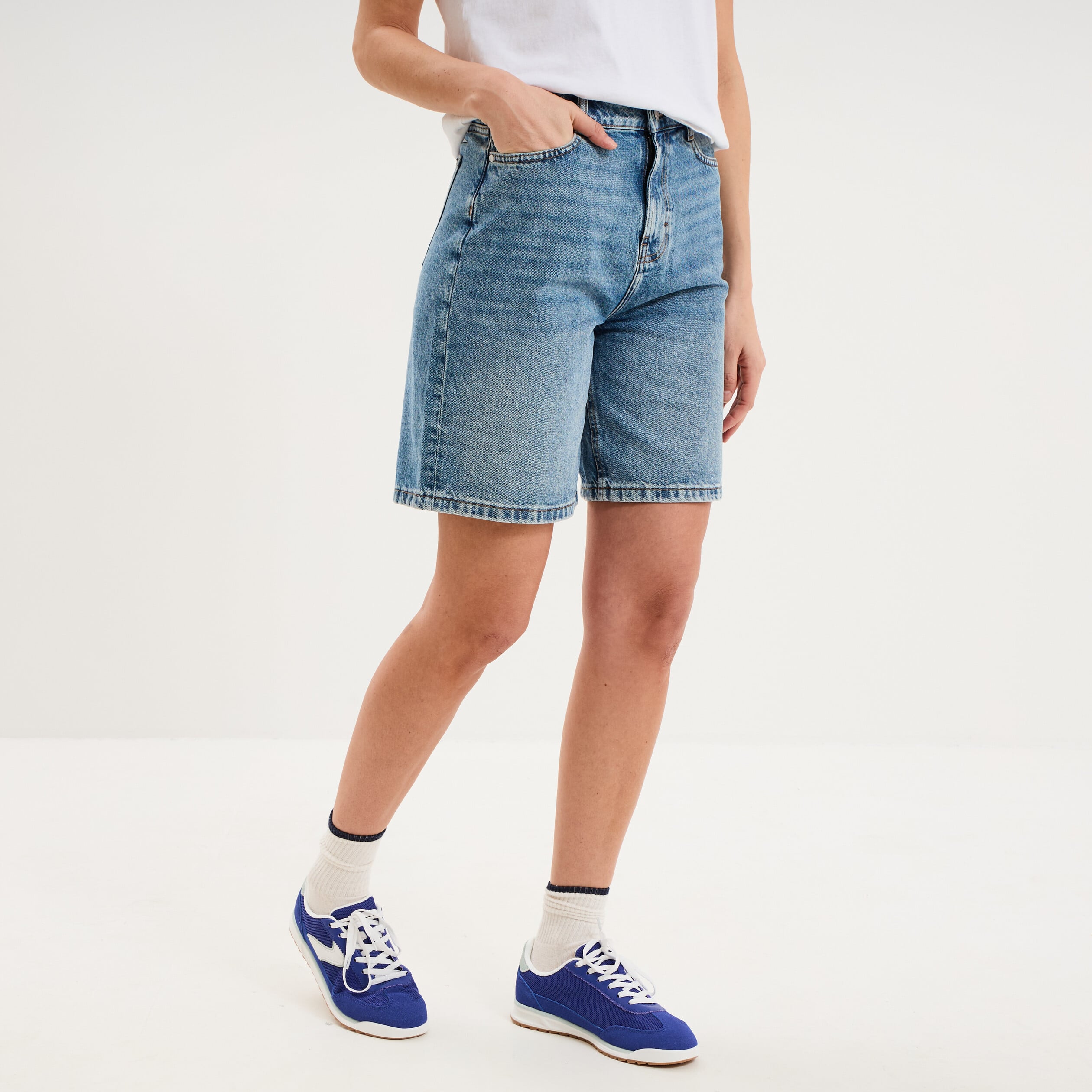 Bermuda short droit en jean coton denim double stone femme