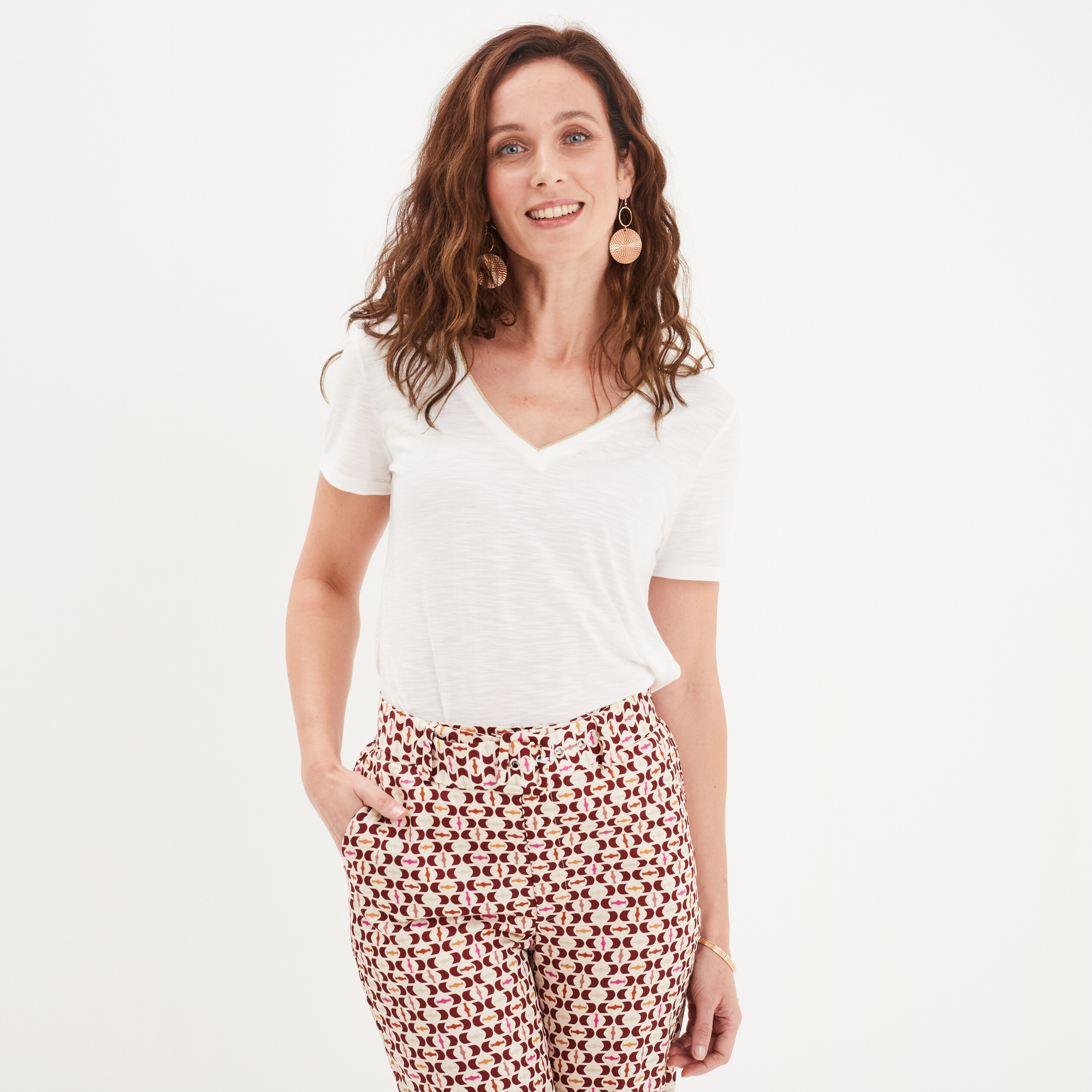 t shirt col en v manches courtes blanc femme T-shirt col en V manches courtes blanc femme