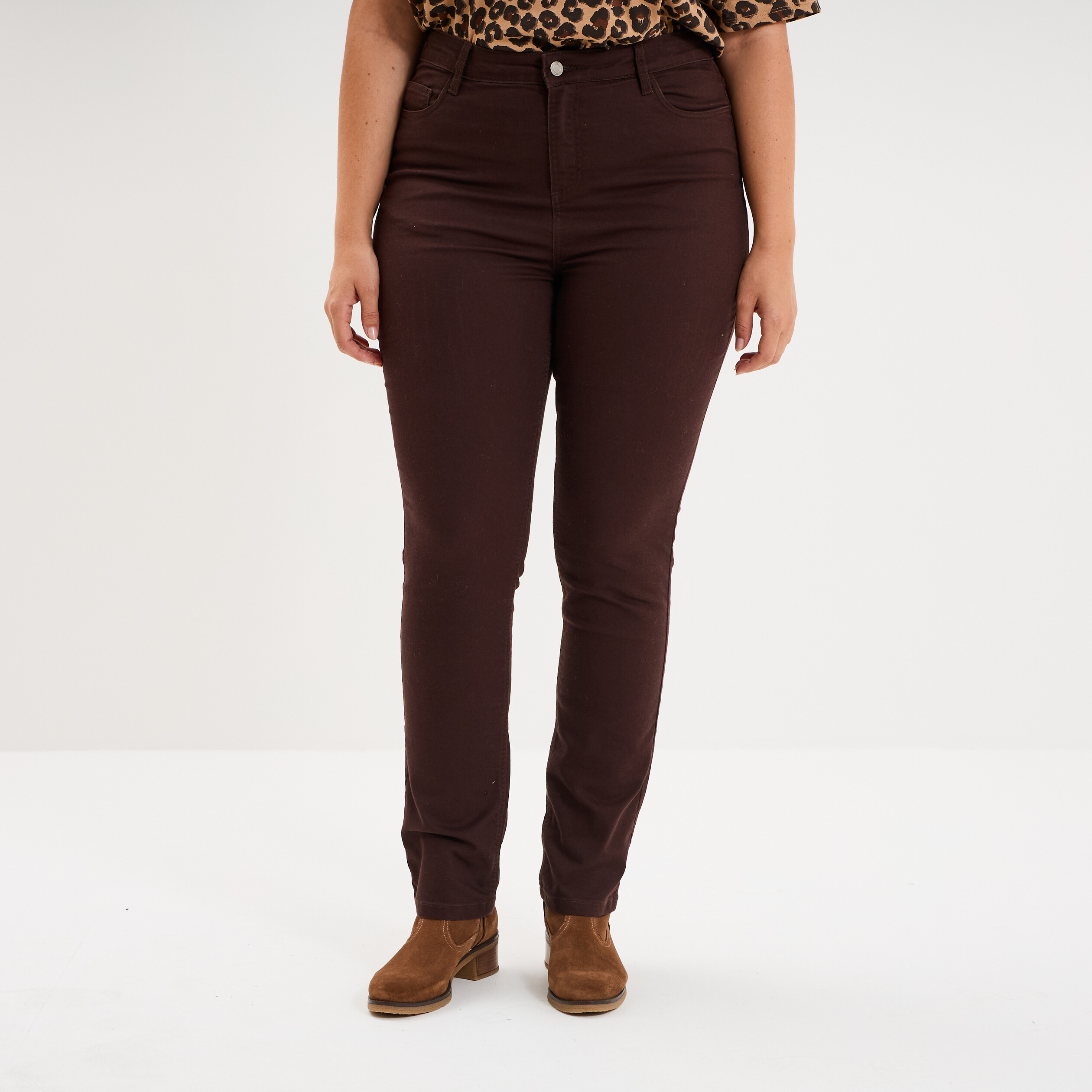 Pantalon droit taille haute extensible marron fonc&eacute; femme grande taille