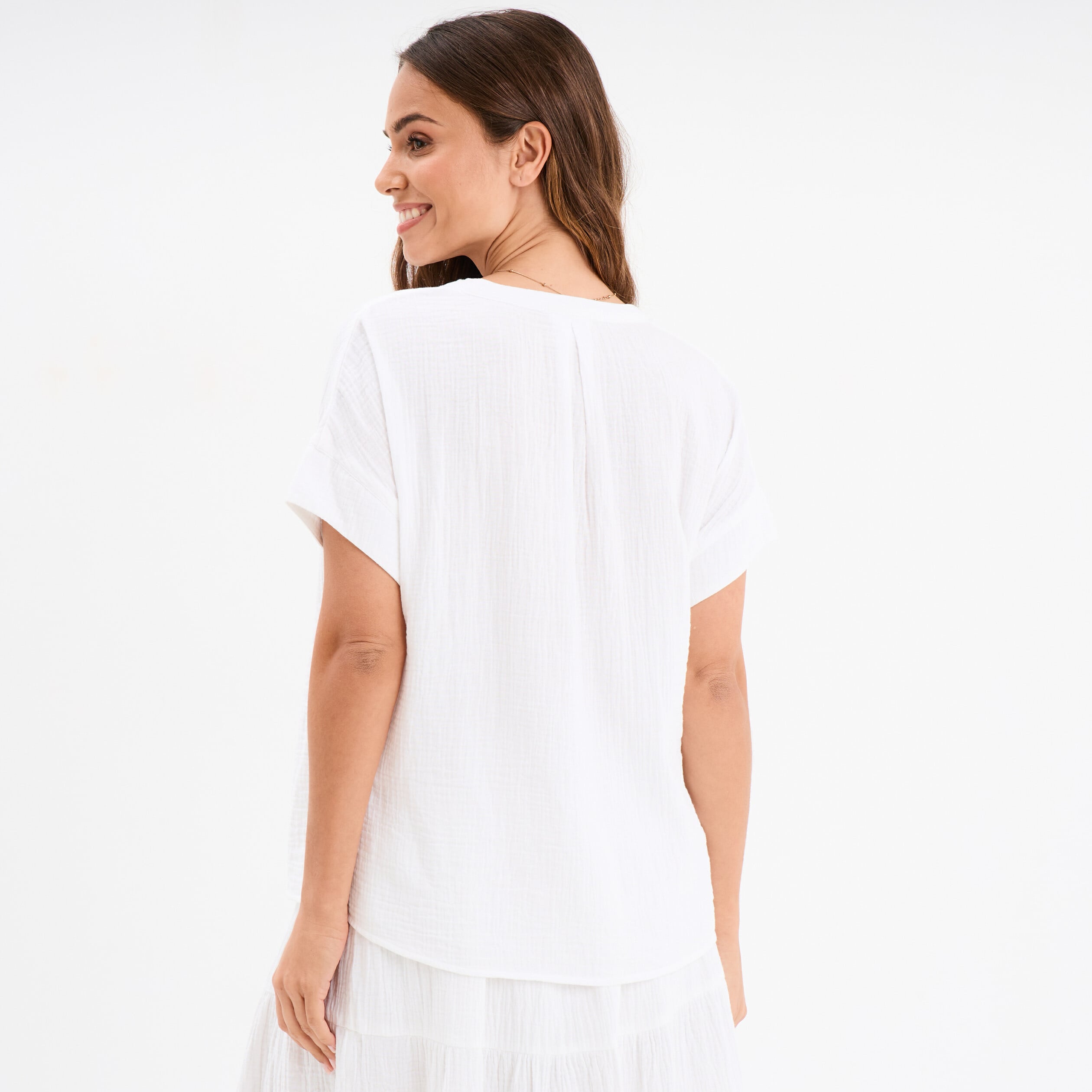 Blouse Col tunisien gaze de coton blanc femme