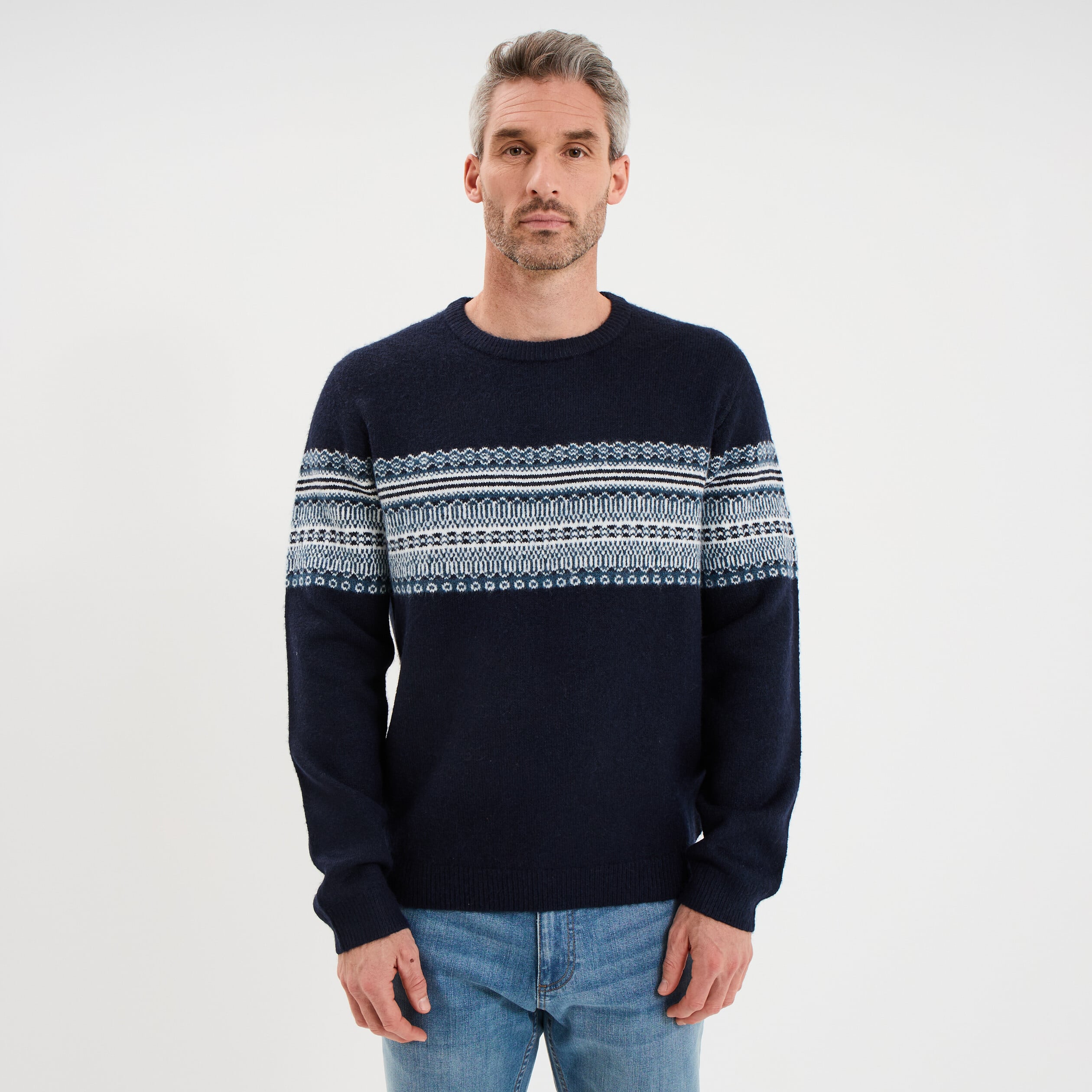 Pull jacquard col rond manches longues bleu fonc&eacute; homme