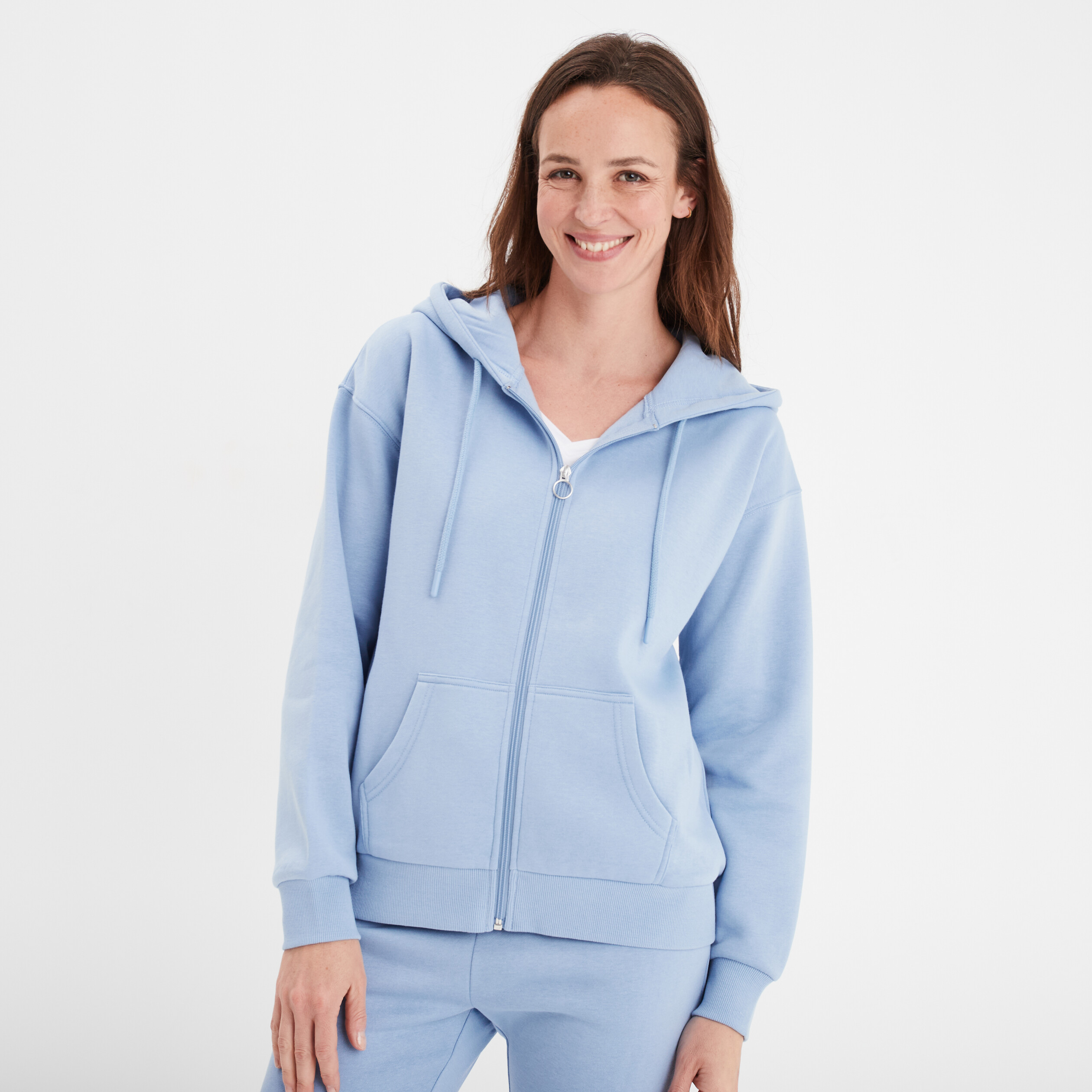 Sweat zippé à capuche molleton bleu clair femme