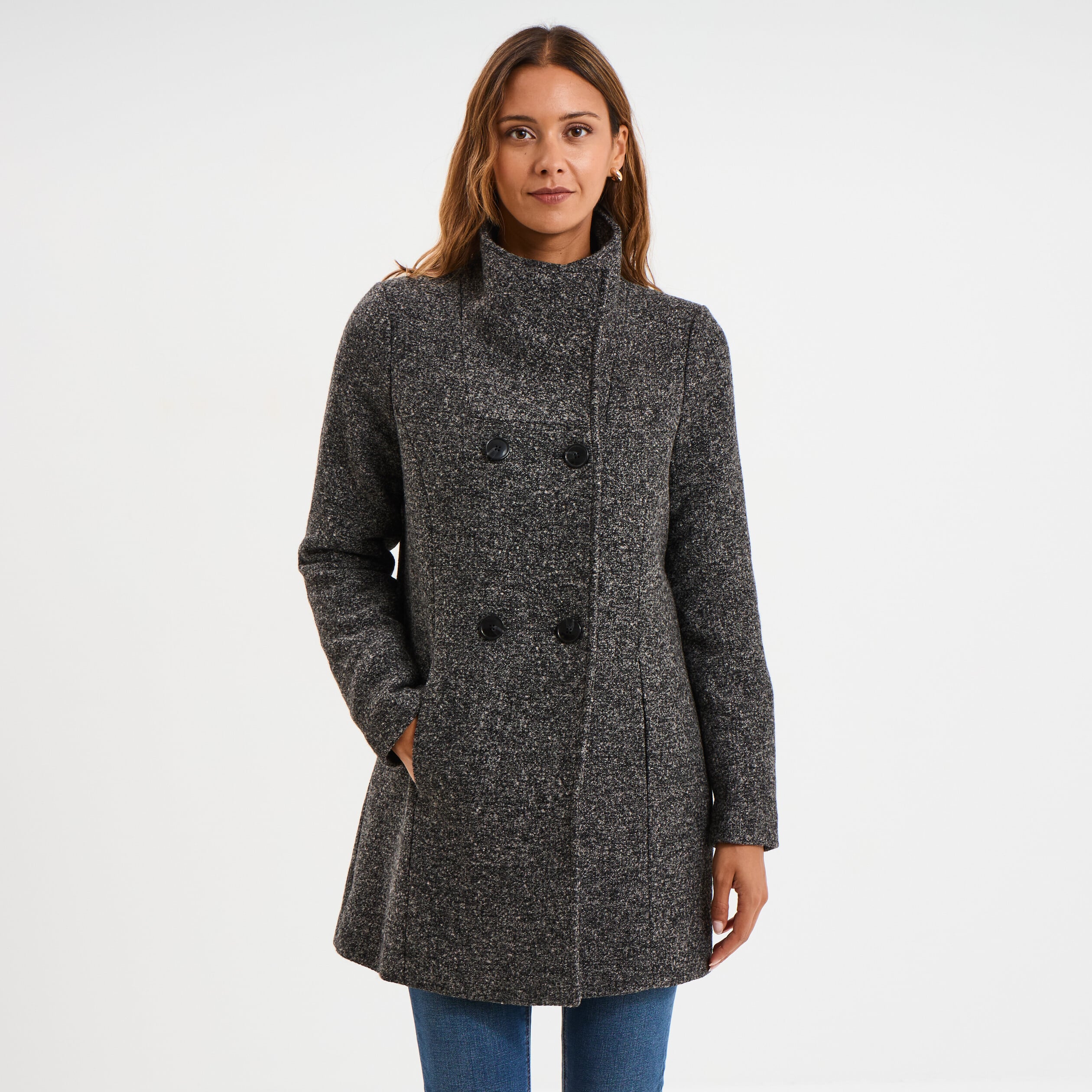 Manteau droit mi-long col montant doubl&eacute; gris fonc&eacute; femme