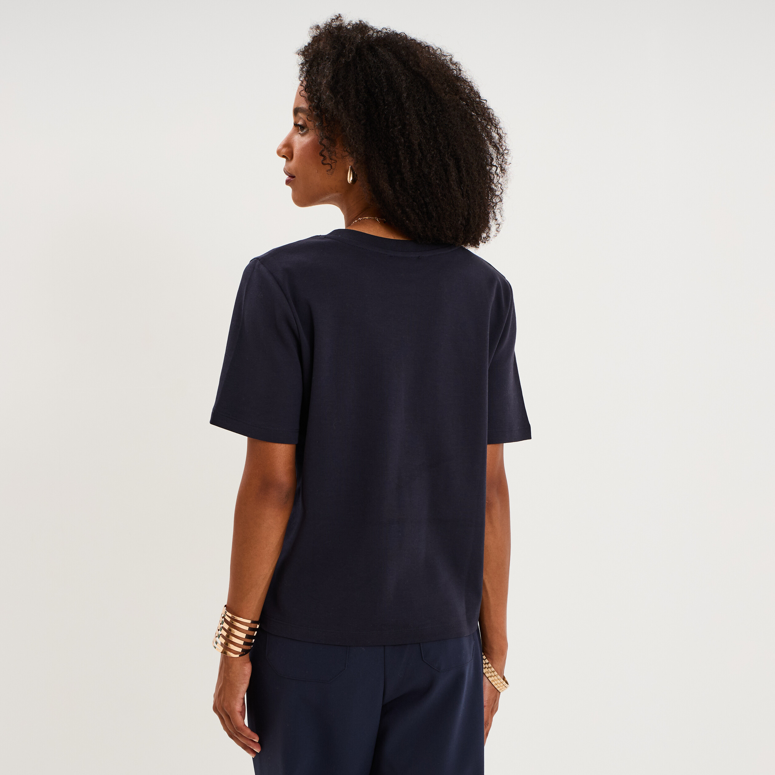 T-shirt manches courtes col rond coton bleu fonc&eacute; femme
