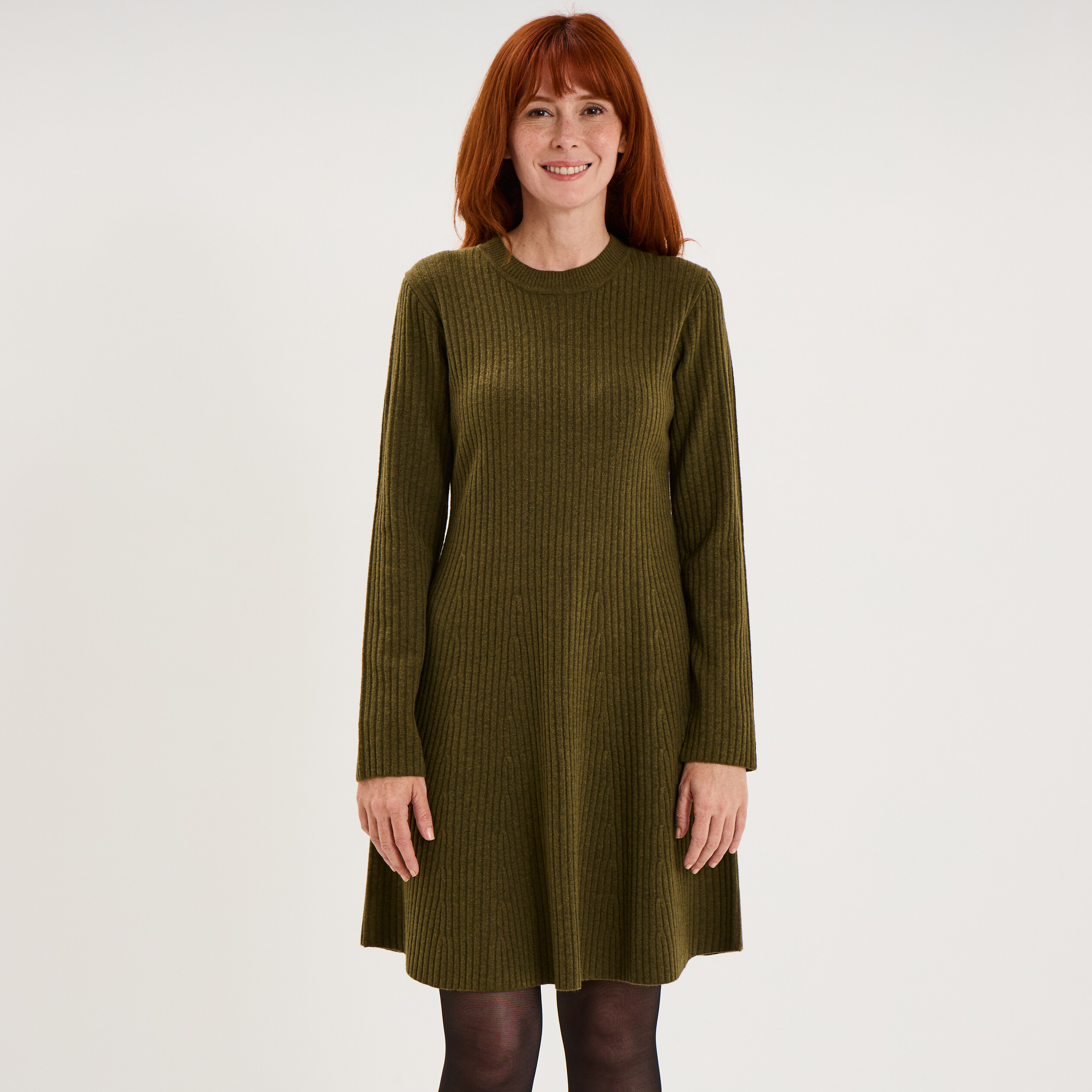Robe tricot c&ocirc;tel&eacute;e manches longues vert kaki femme