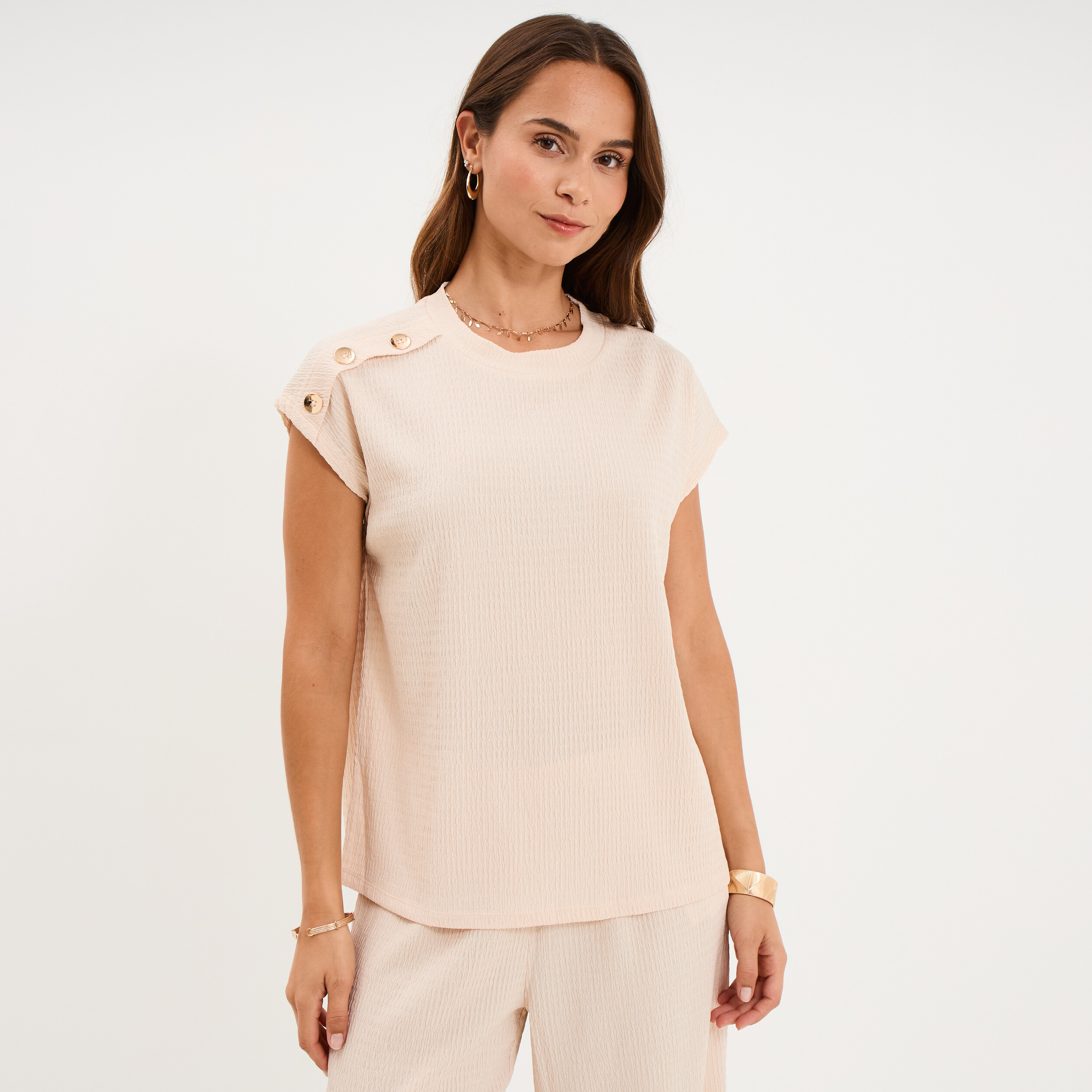T-shirt col rond avec boutons beige femme