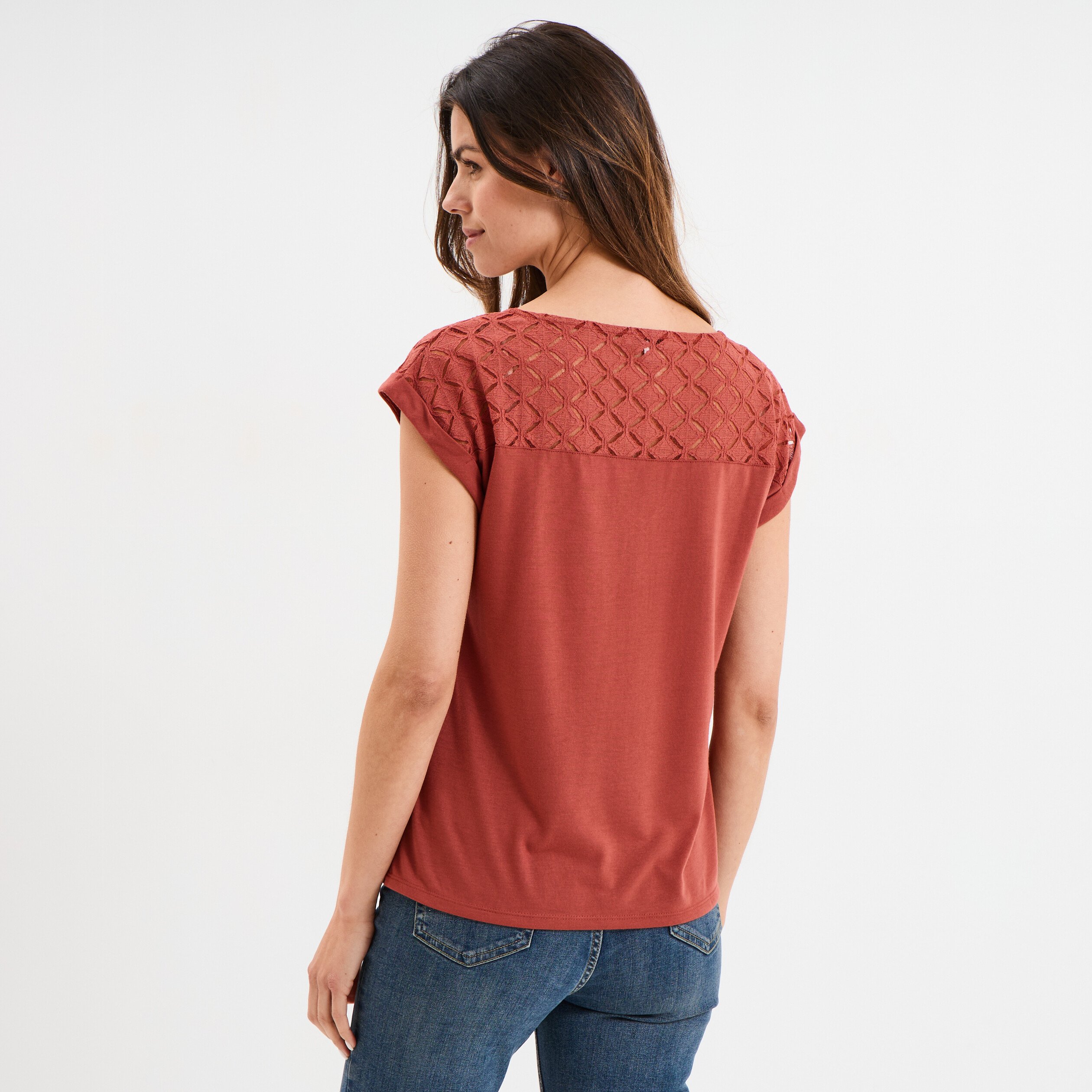 t shirt col en v dentelle epaules et dos vieux rose femme T-shirt col en V dentelle épaules et dos vieux rose femme