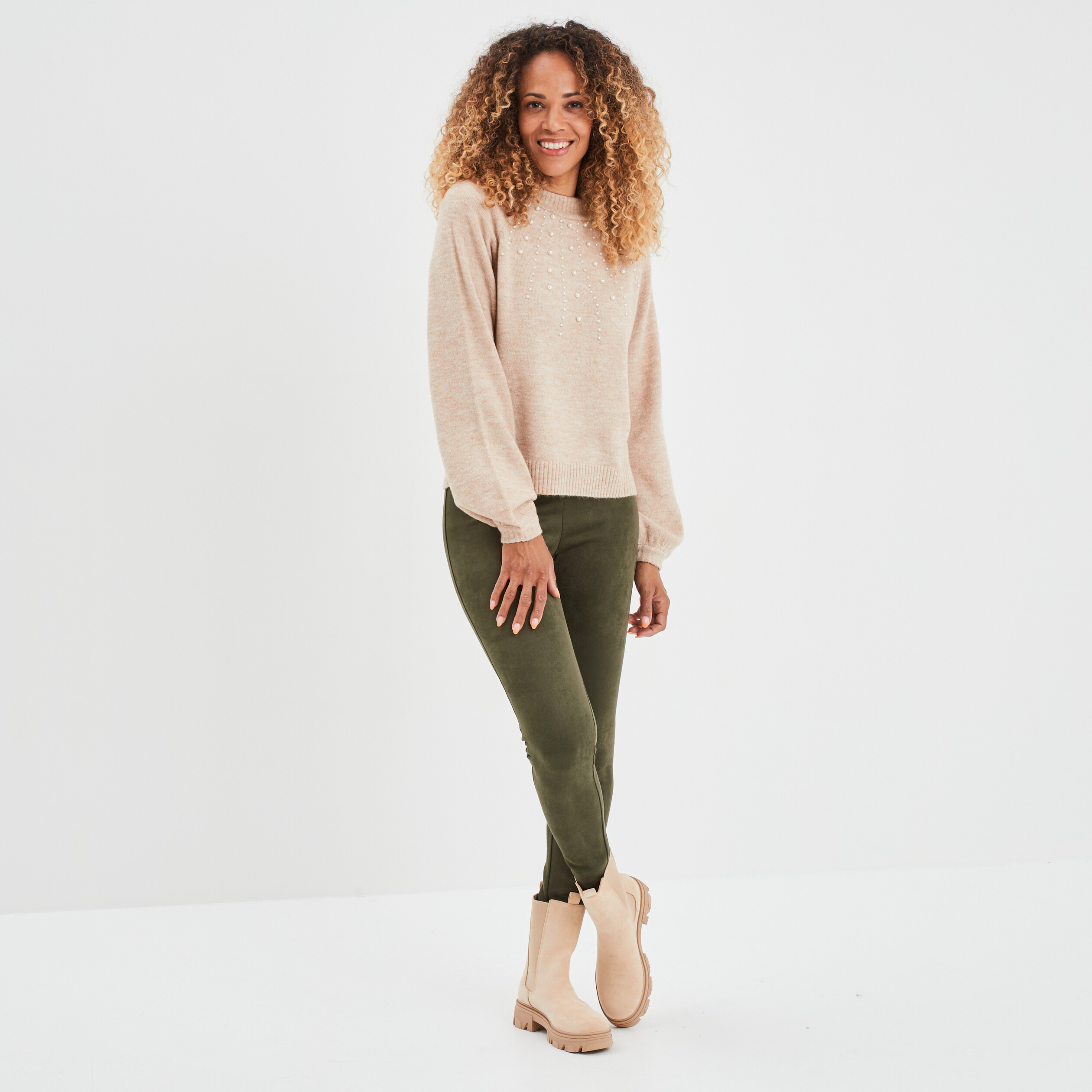 Pull avec perles et manches ballons beige femme