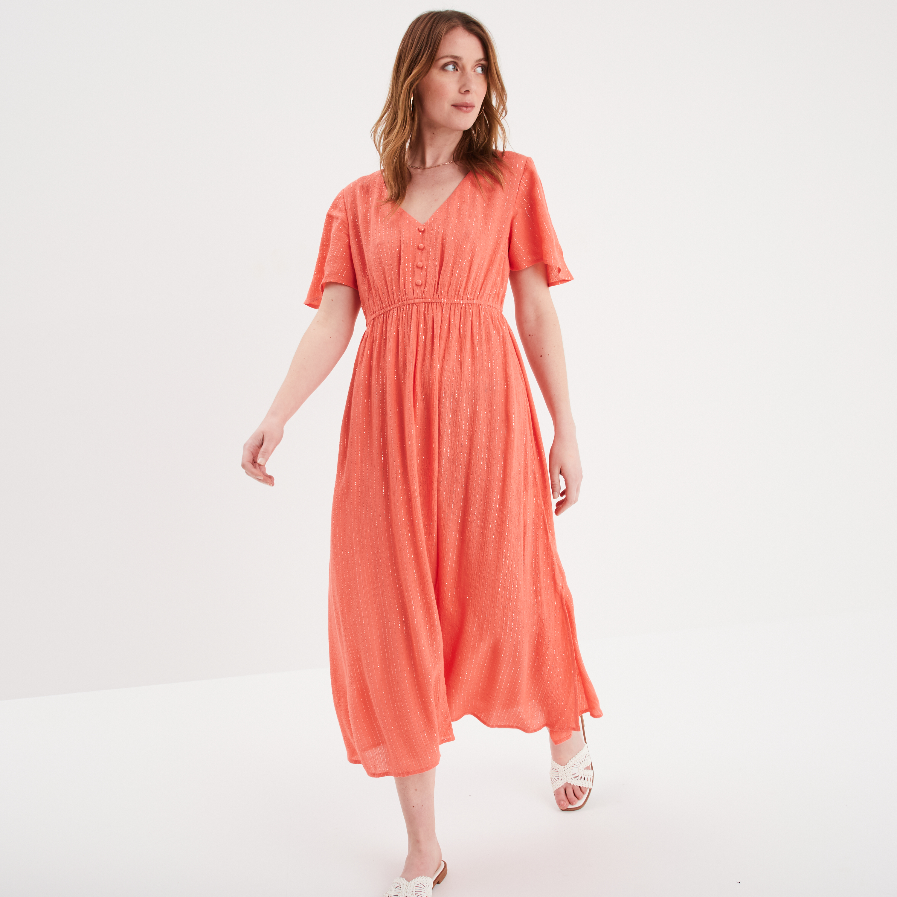 robe longue empire fils metallises rose corail femme Robe longue empire fils métallisés rose corail femme