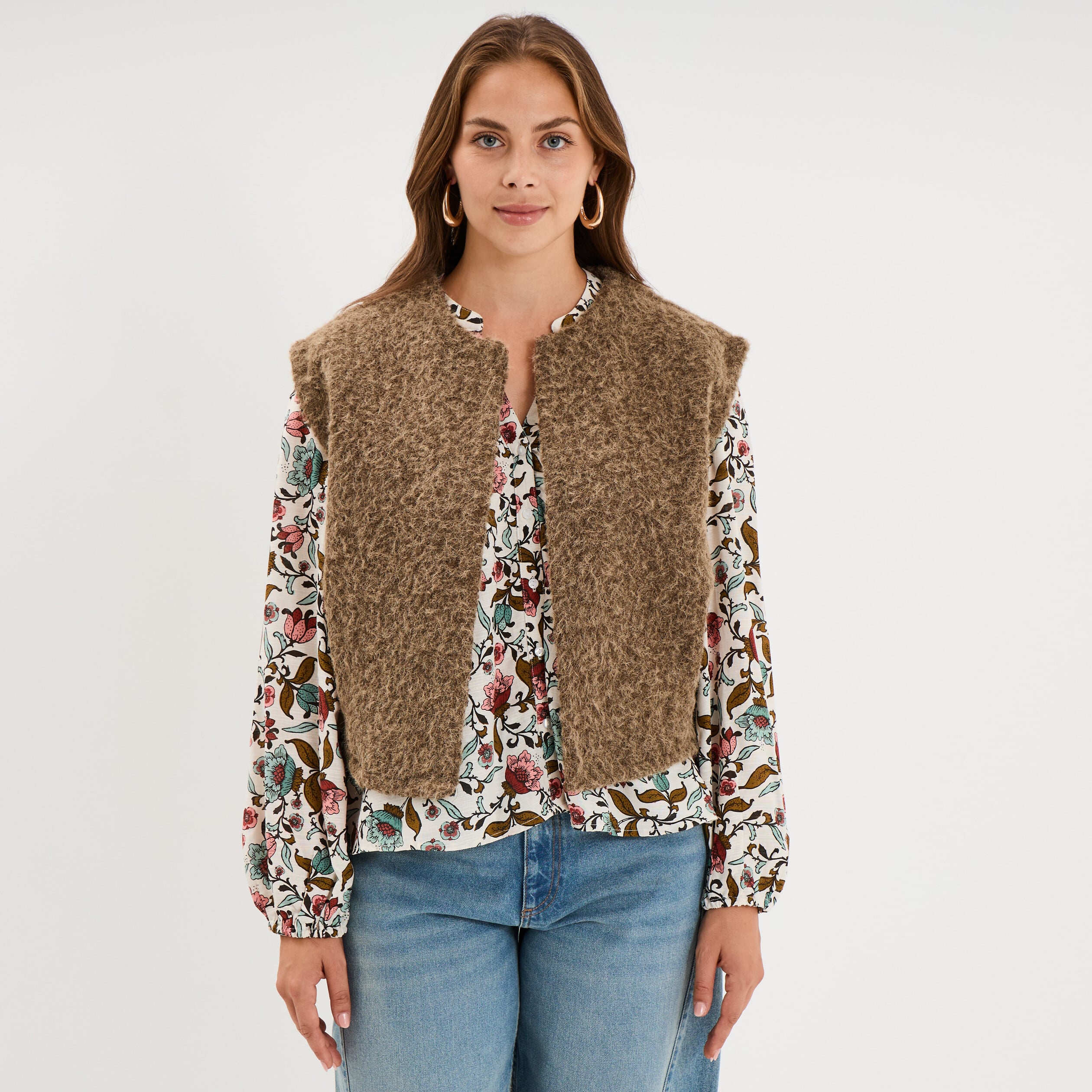 Veste sans manches effet bouclette vert kaki femme