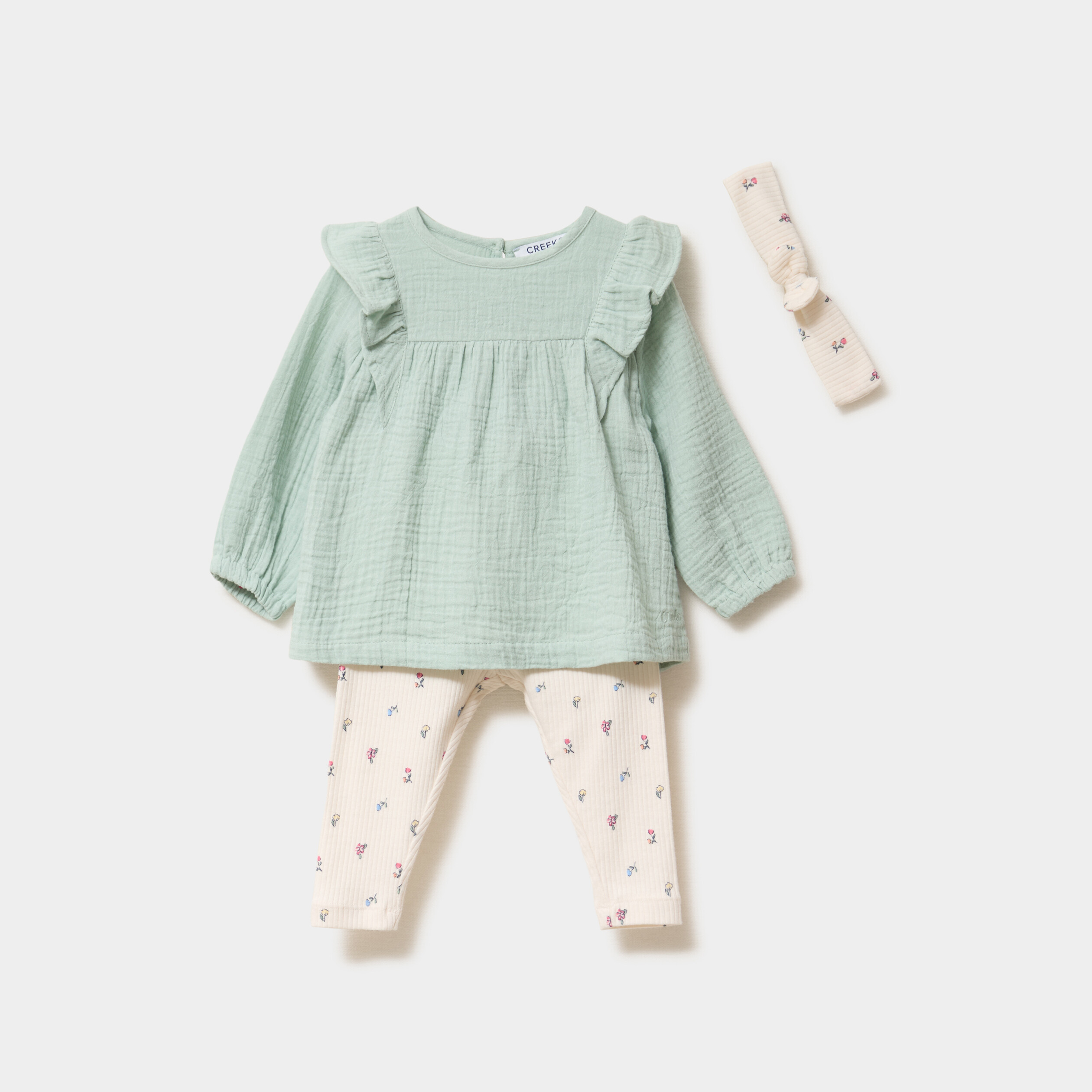 Ensemble 3 pi&egrave;ces en gaze de coton vert pastel b&eacute;b&eacute; fille