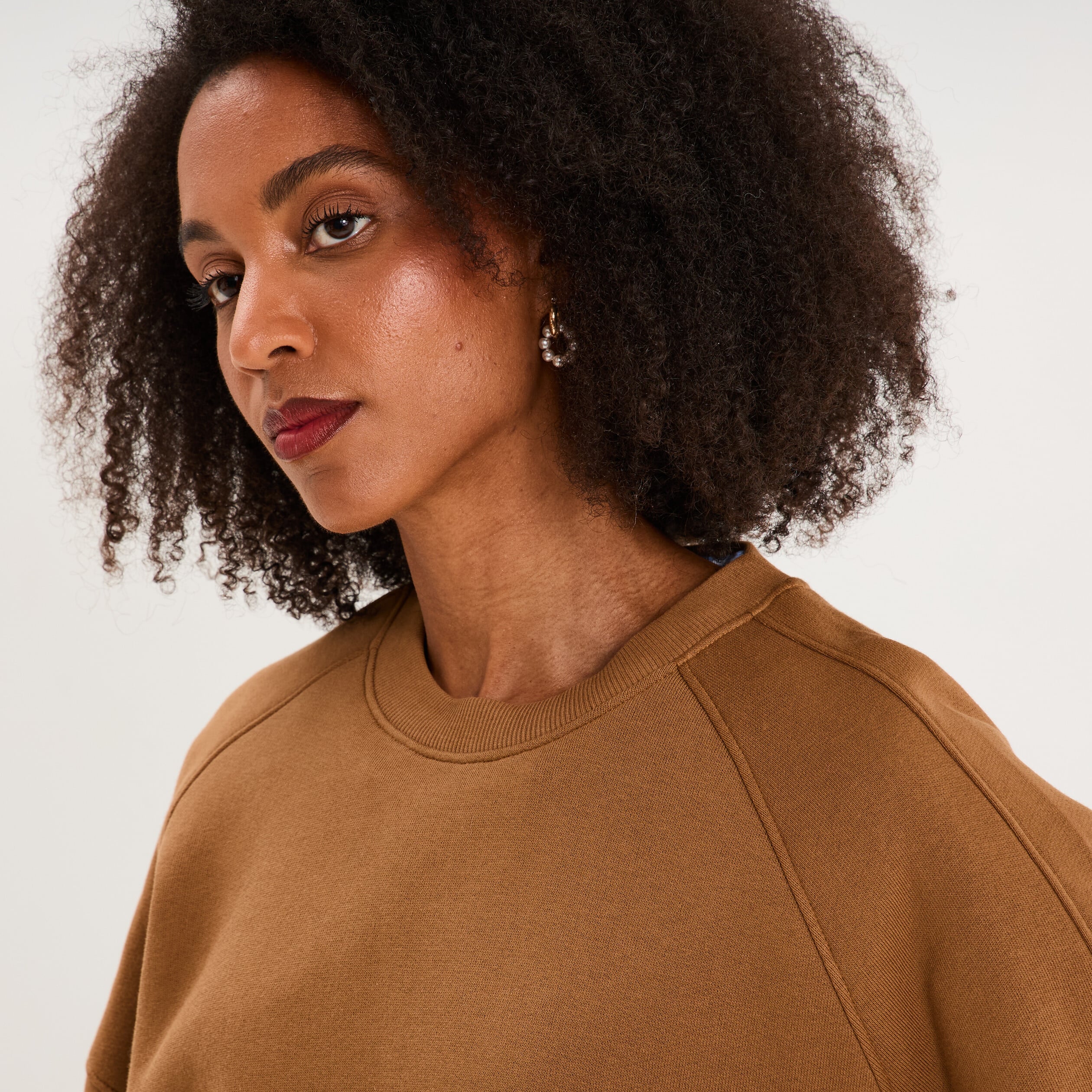 Sweat col rond oversize manches longues marron clair femme
