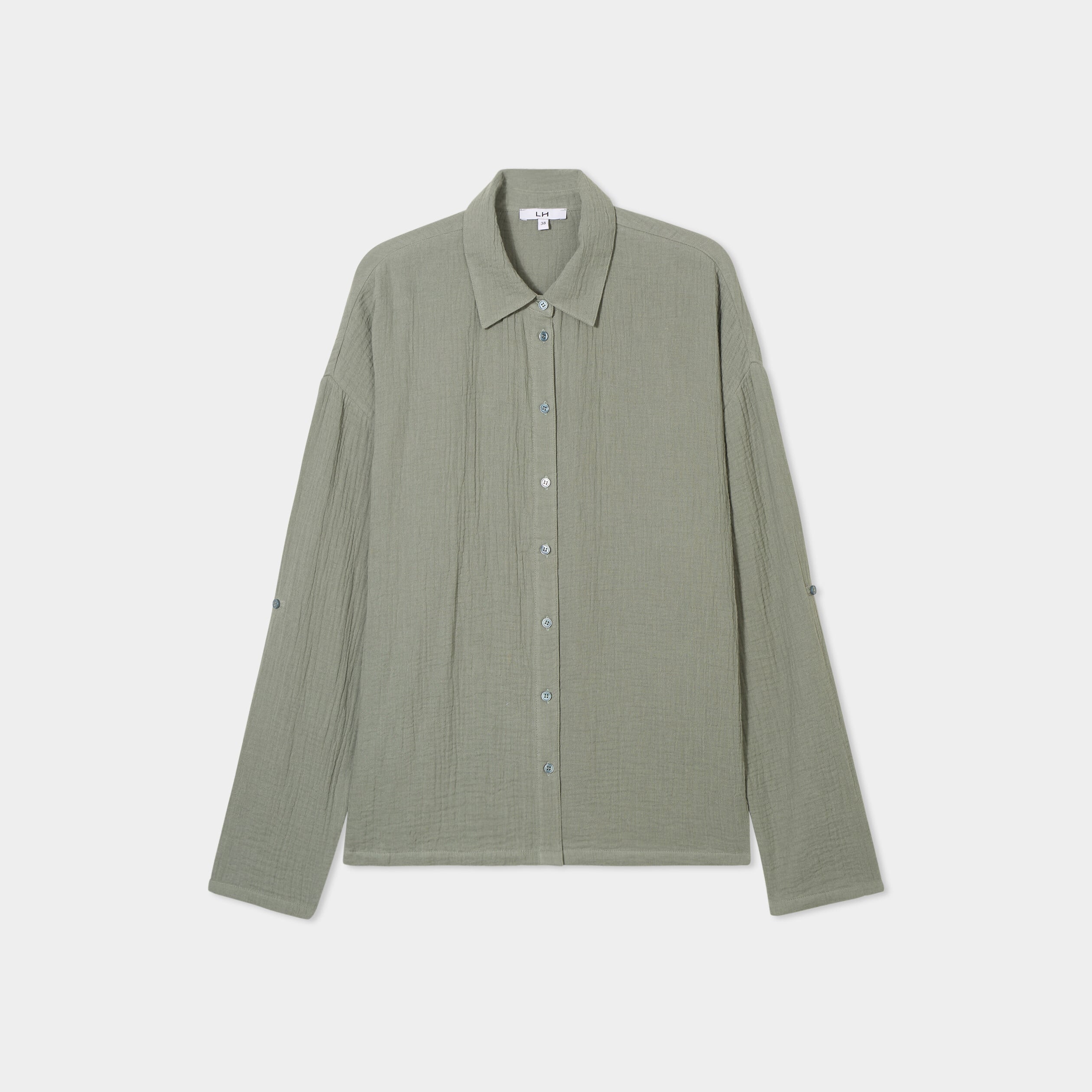 Chemise manches longues en gaze de coton vert kaki femme