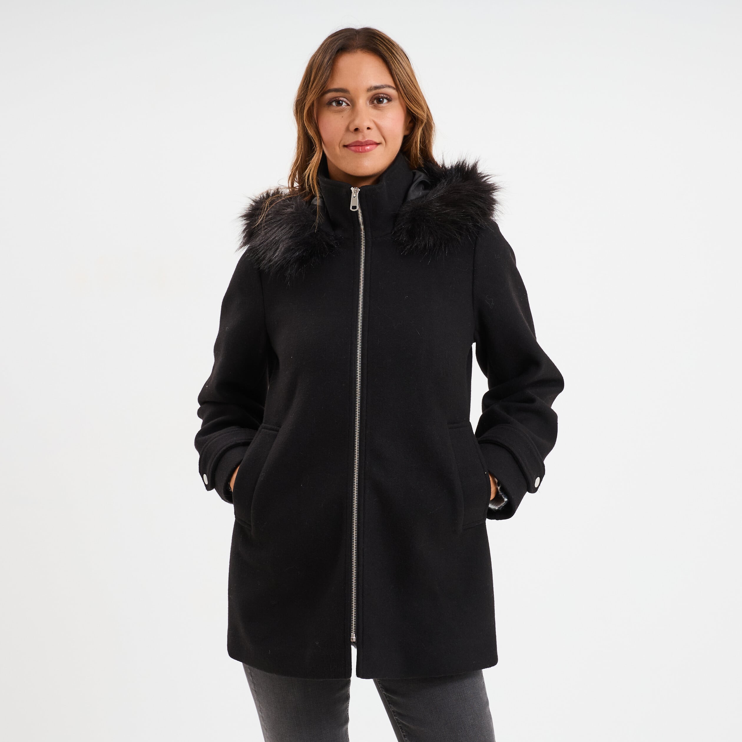 Manteau zipp&eacute; capuche fausse fourrure noir femme