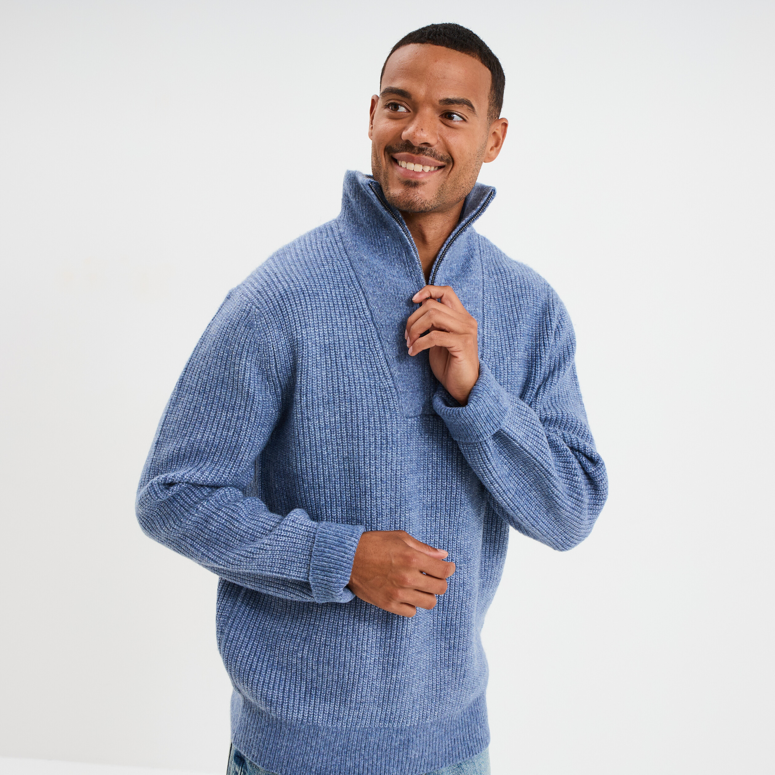 pull avec col camionneur cotele bleu fonce homme Pull avec col camionneur côtelé bleu foncé homme
