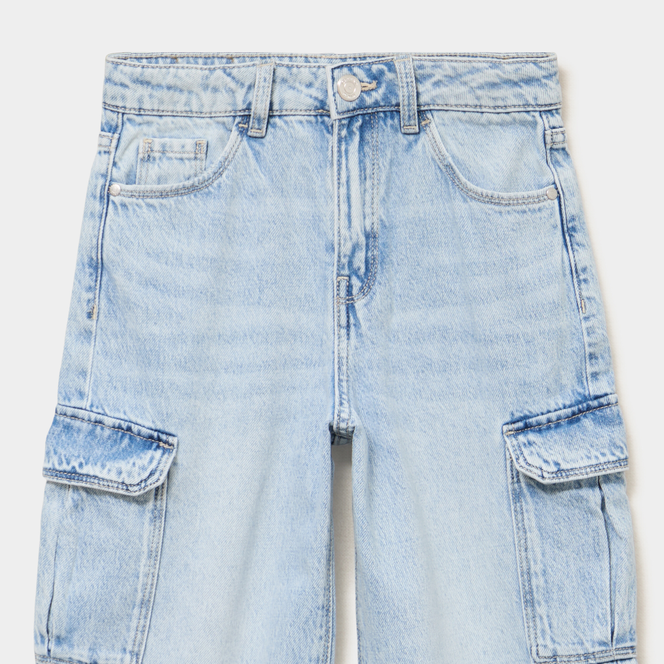 Jean large cargo poches &agrave; rabat coton denim triple stone fille