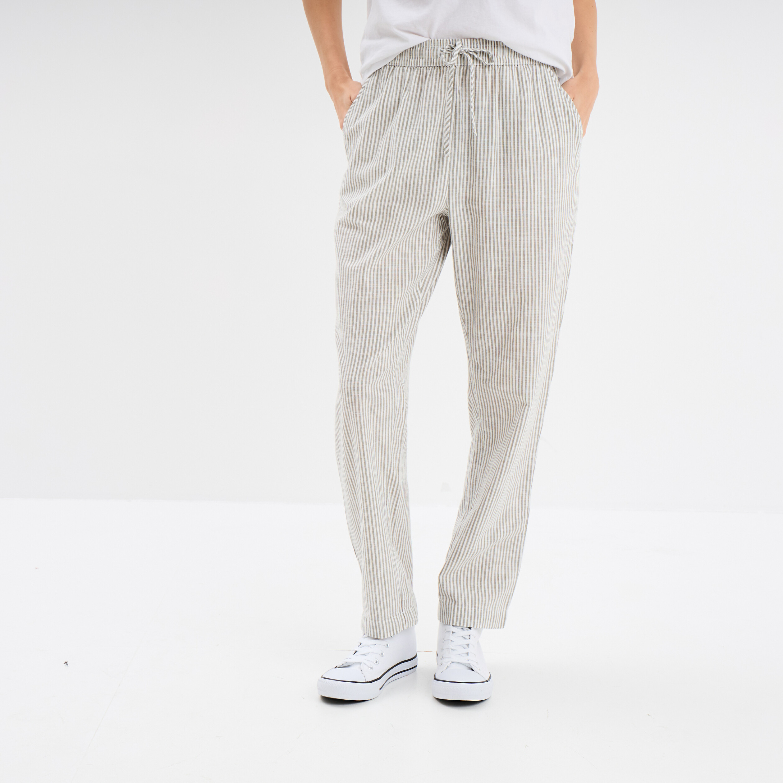 pantalon cigarette coton elastique blanc femme Pantalon cigarette coton élastiqué blanc femme