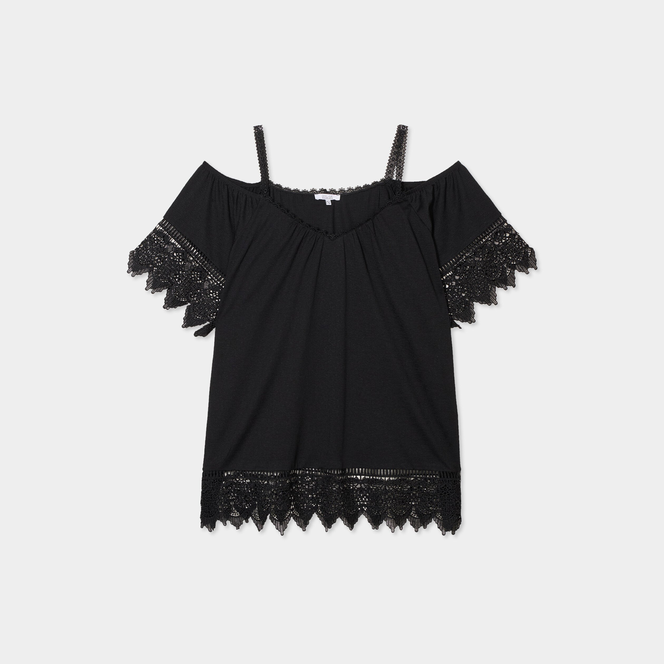 T-shirt col bardot avec dentelle noir femme grande taille