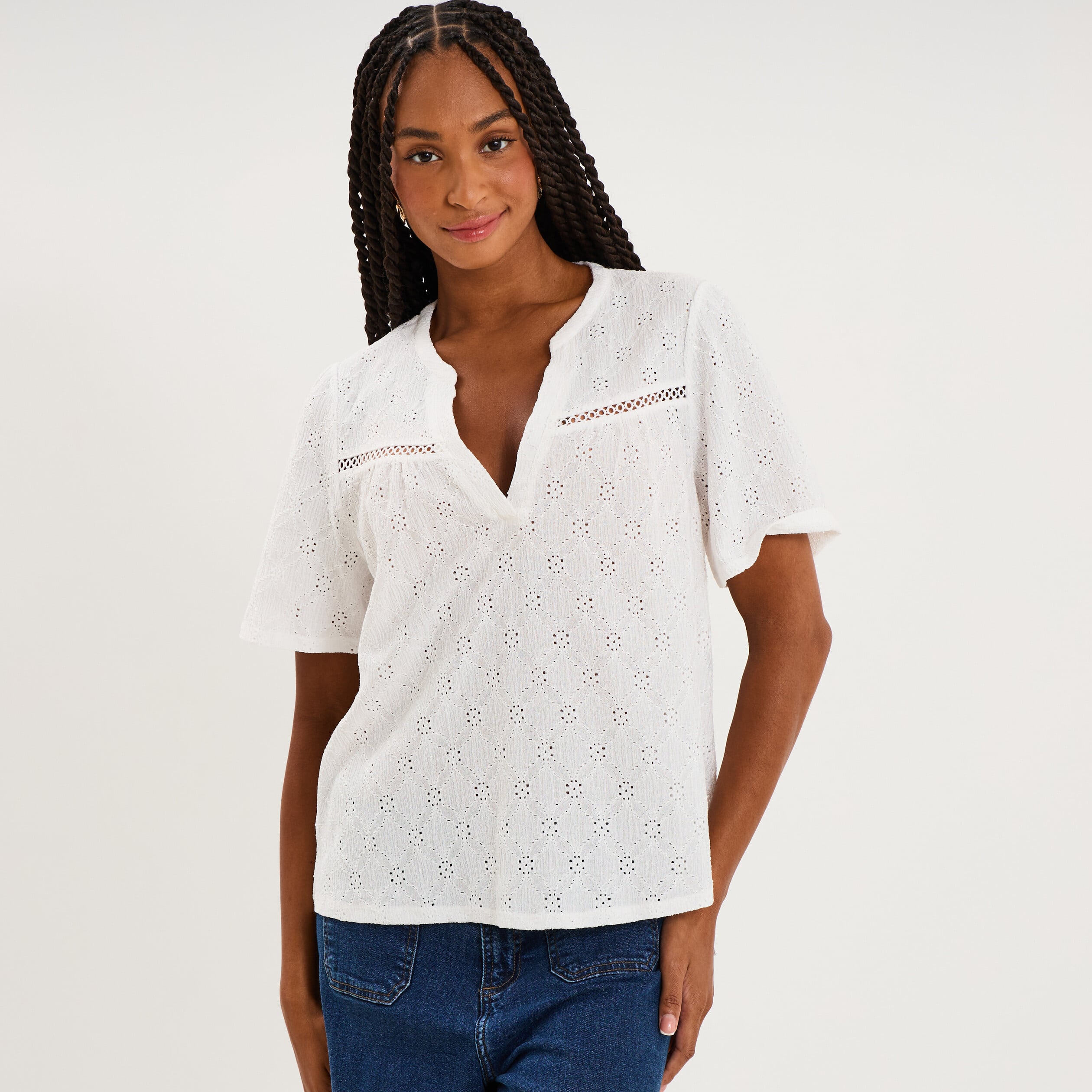 Blouse broderie anglaise manches courtes blanc femme