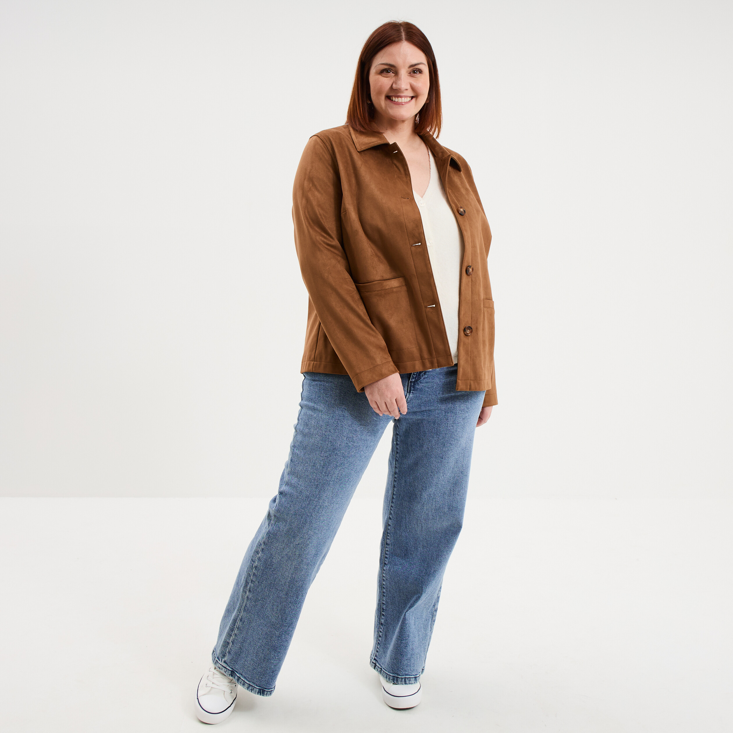 Veste effet su&eacute;dine boutonn&eacute;e marron femme grande taille