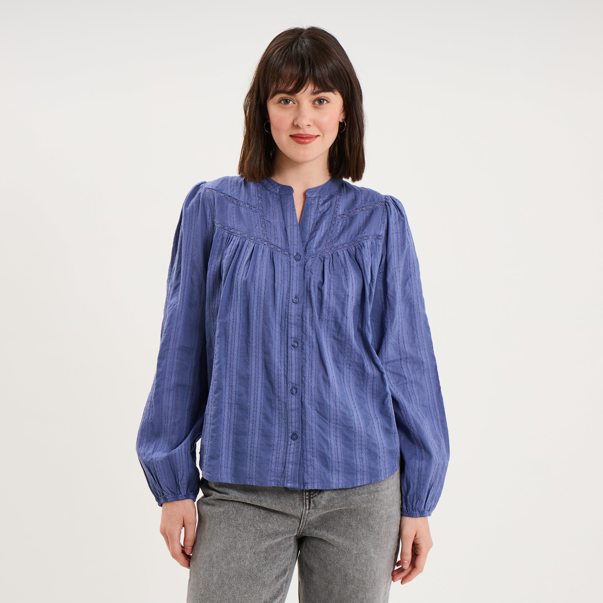 Blouse droite col tunisien coton bleu gris femme