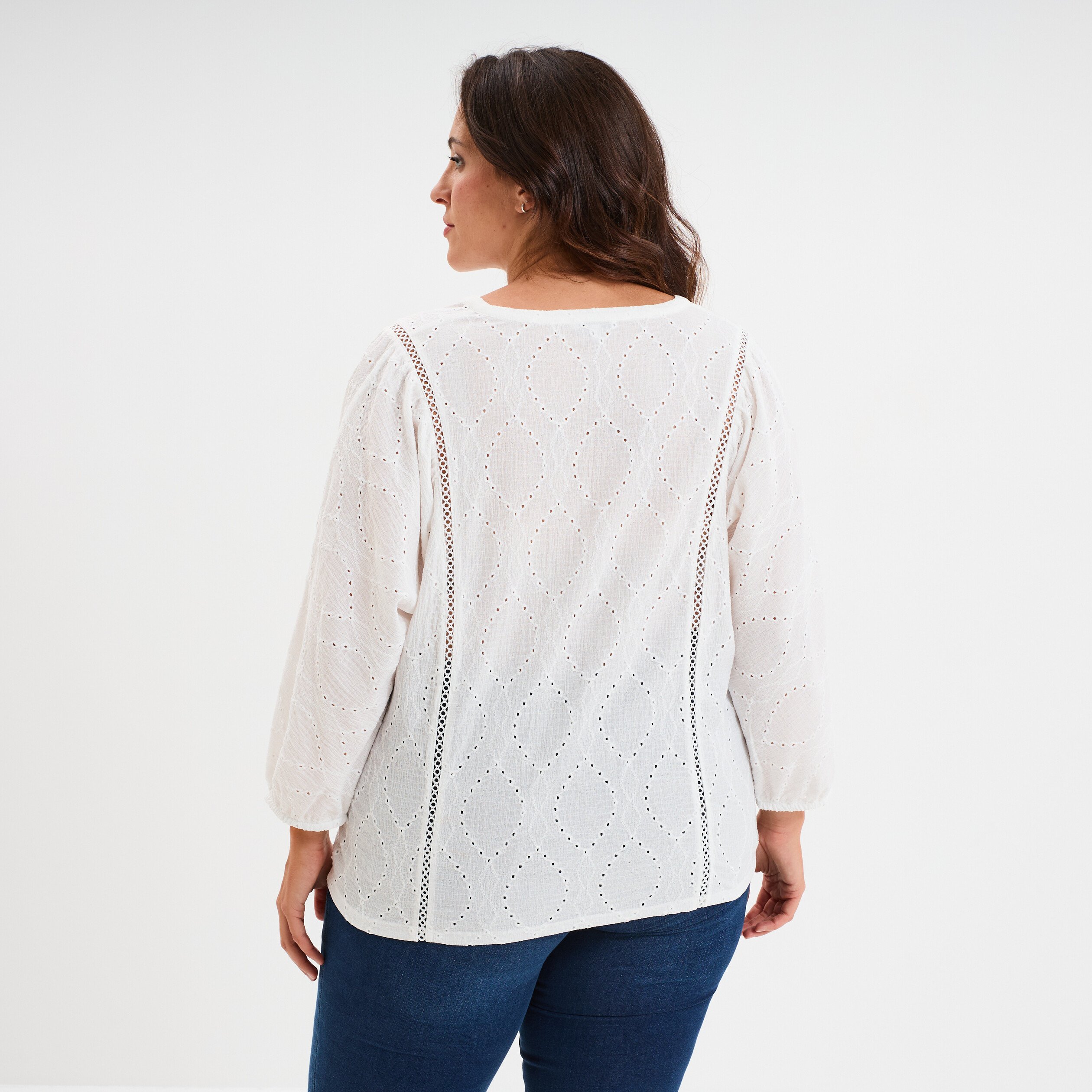 blouse broderie anglaise manches 34 blanc femmegt Blouse broderie anglaise manches 3/4 blanc femme grande taille