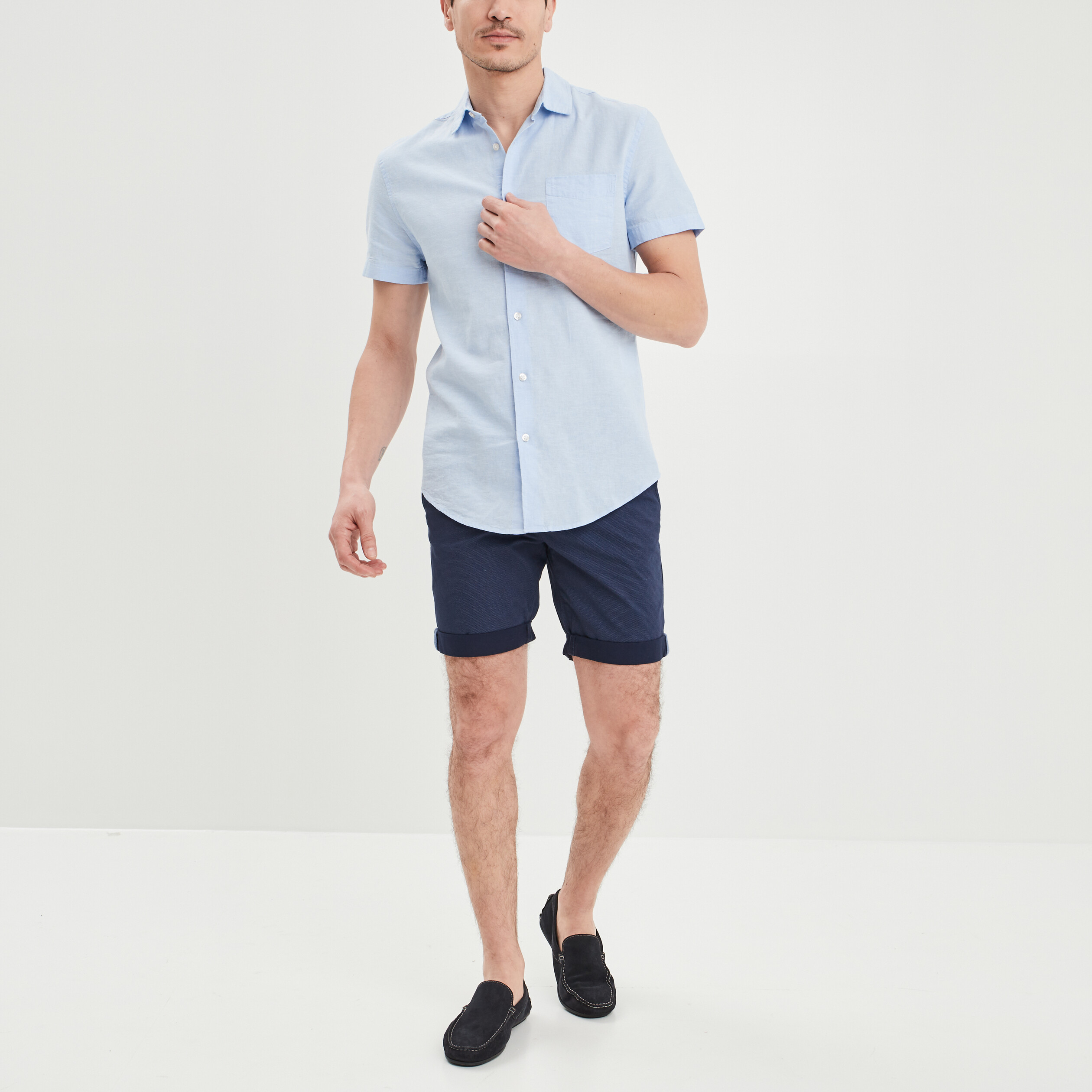 chemise manches courtes lin melange bleu ciel homme Chemise manches courtes lin mélangé bleu ciel homme