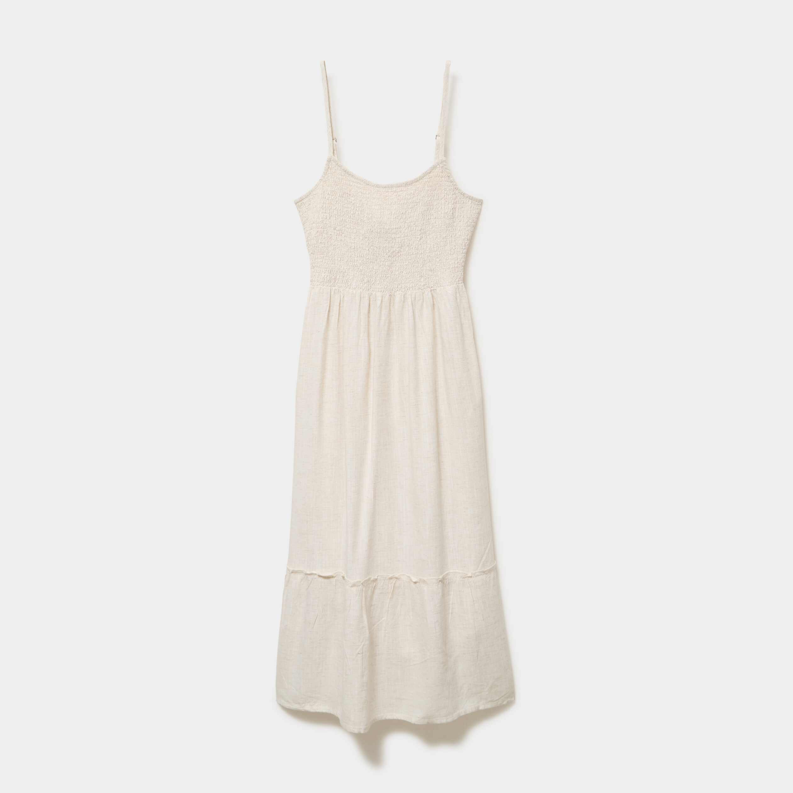 Robe longue buste smock&eacute; lin m&eacute;lang&eacute; beige femme