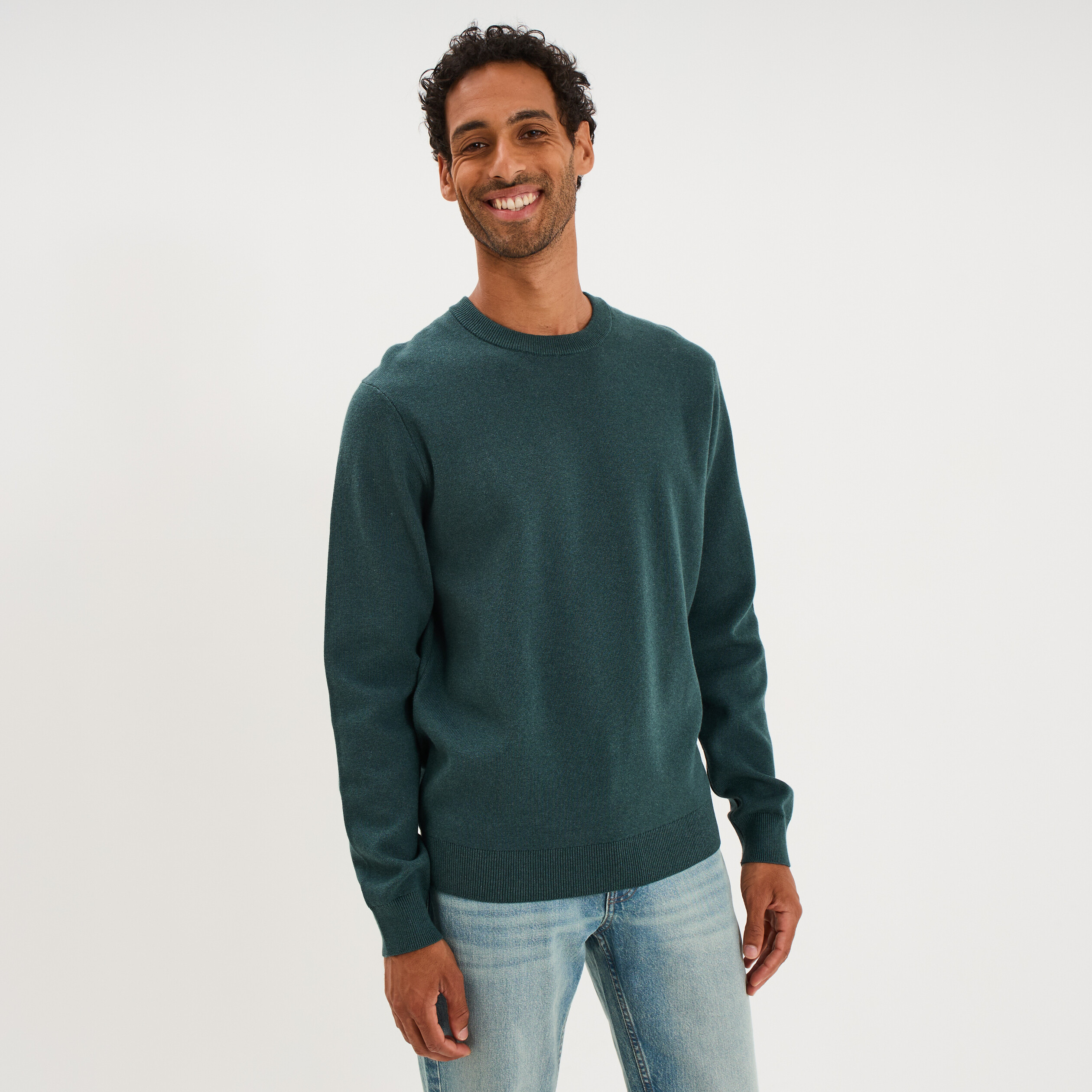 Pull col rond manches longues vert canard homme