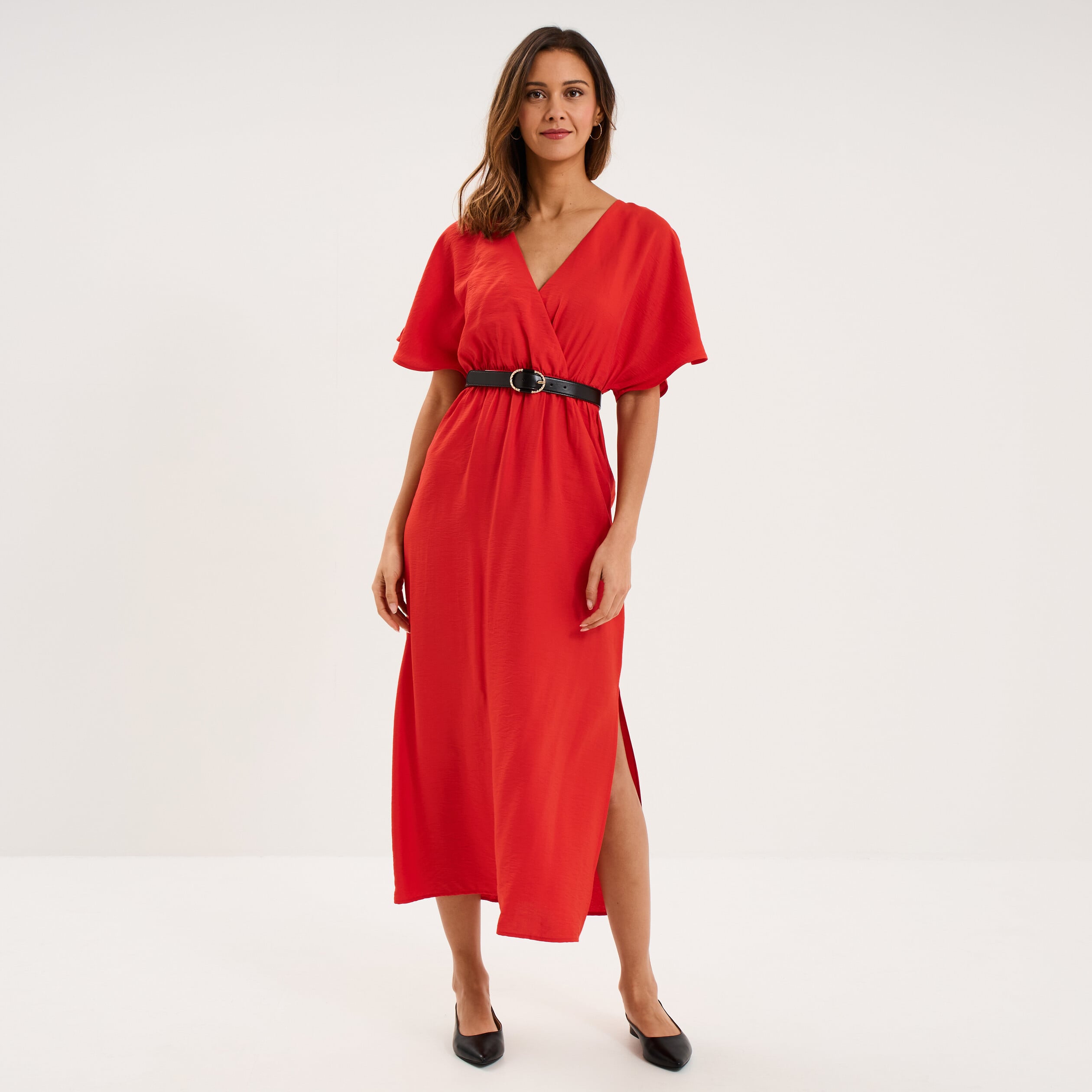 Robe longue &eacute;vas&eacute;e col cache-coeur rouge femme