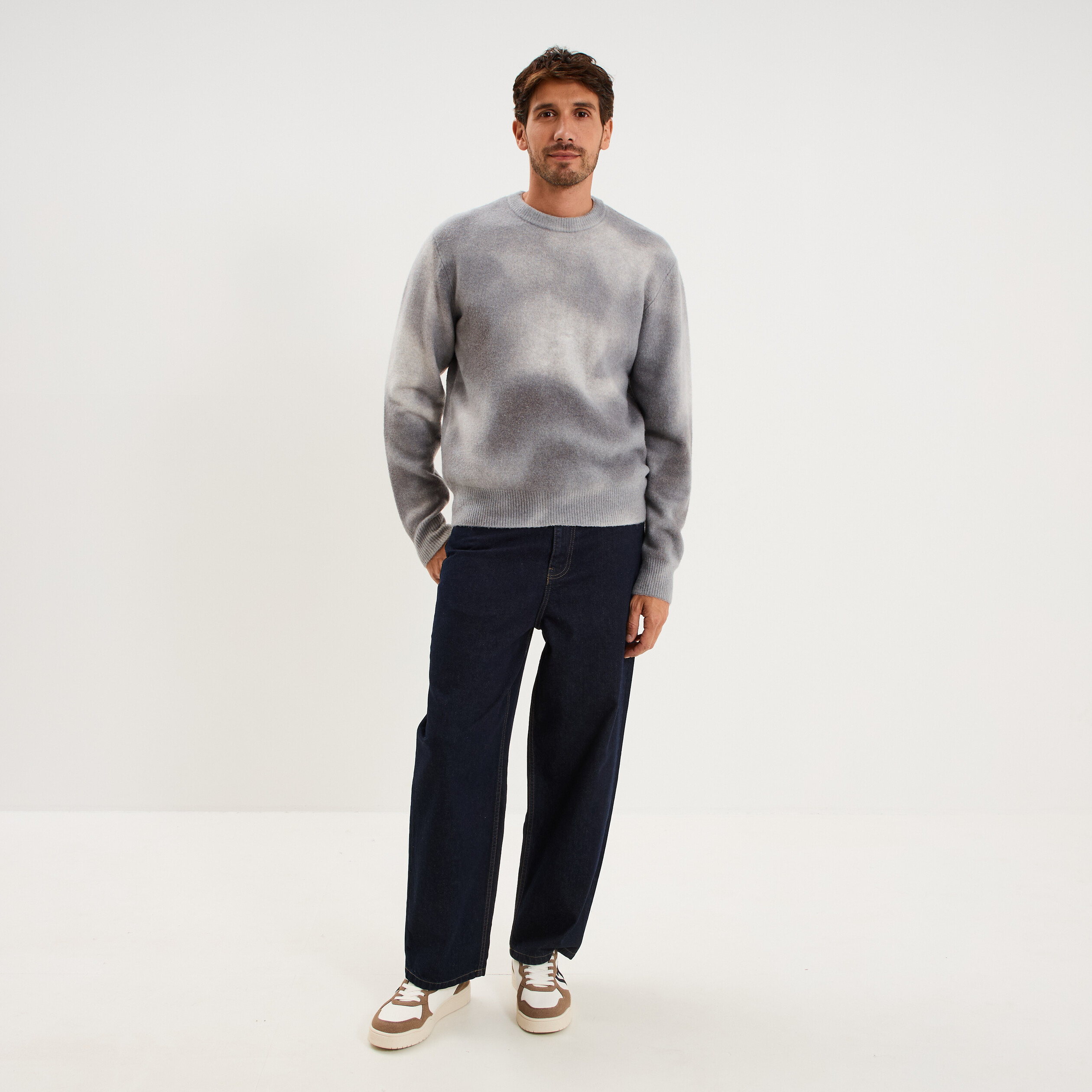 Pull col rond manches longues gris clair homme