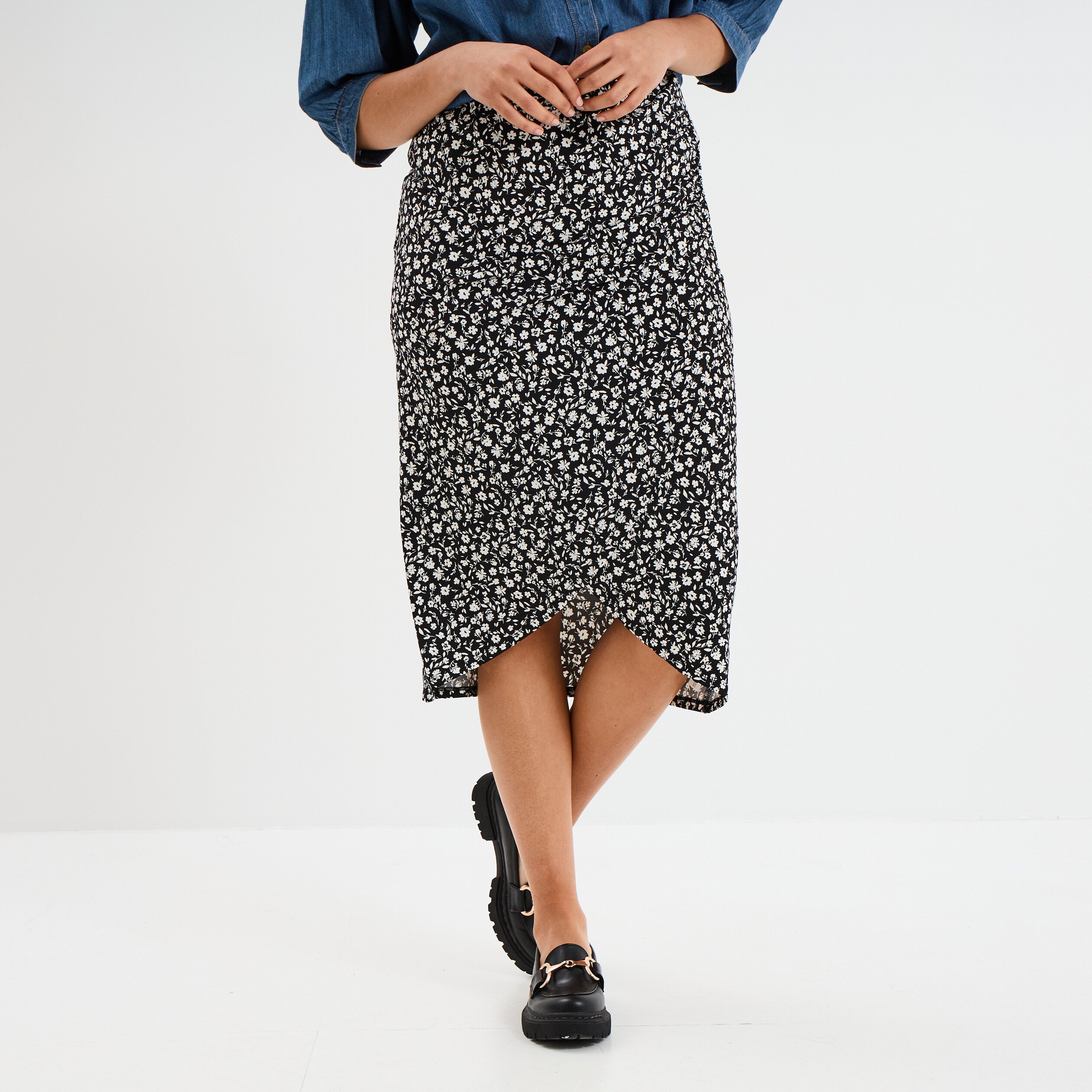 Jupe midi portefeuille noir femme