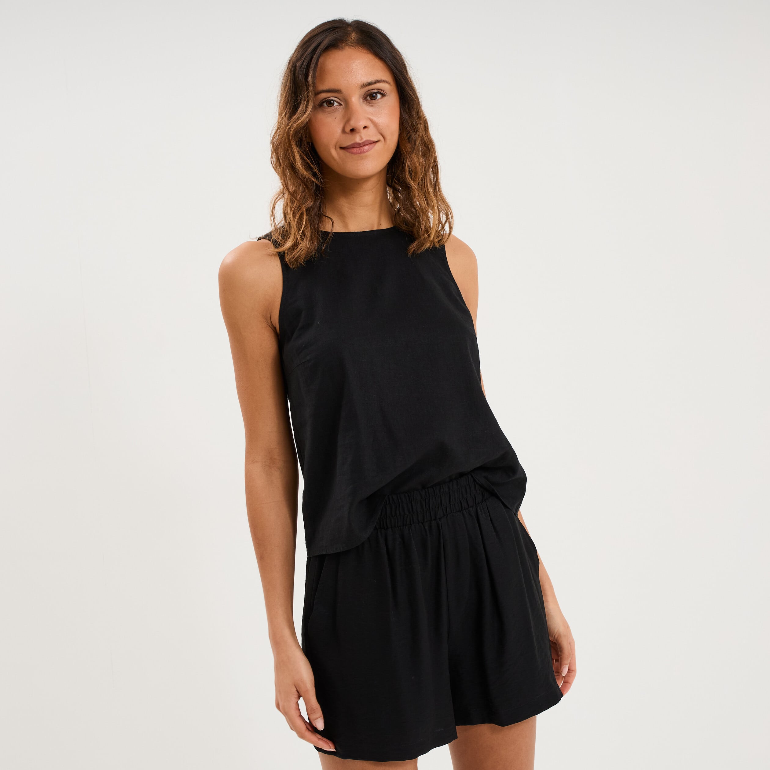 Blouse sans manches lin m&eacute;lang&eacute; noir femme