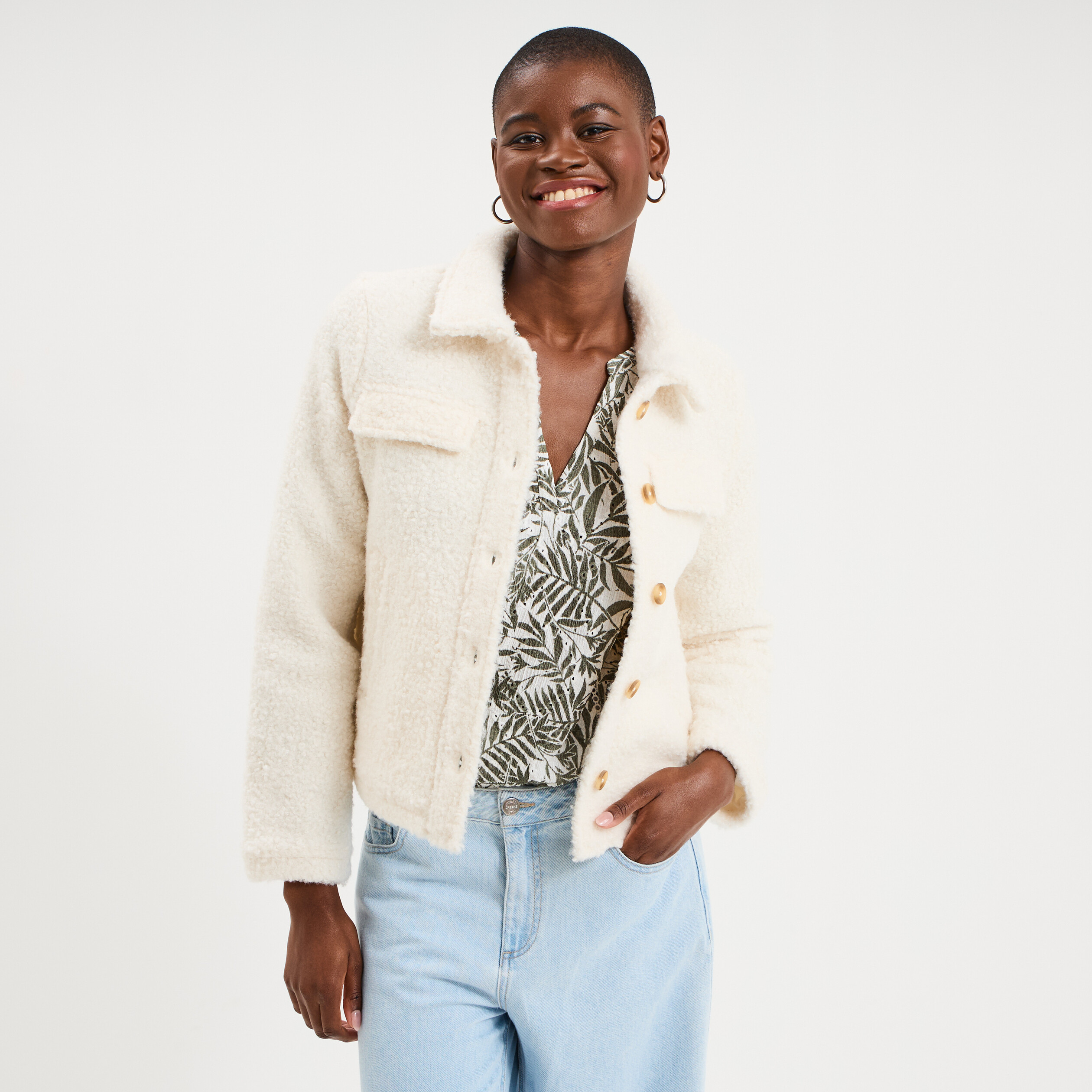Veste courte droite effet bouclette blanc femme