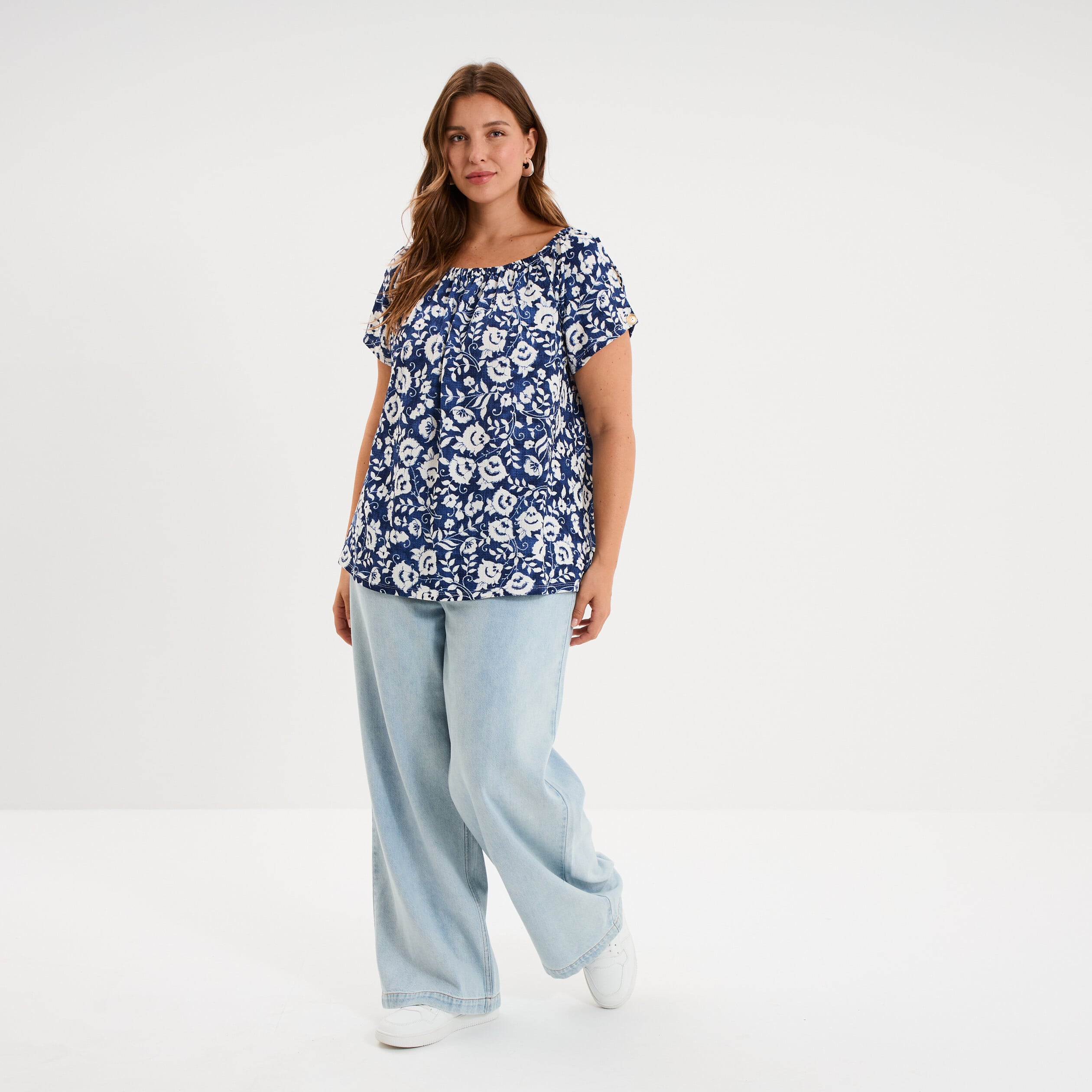 T-shirt gaufr&eacute; avec manches &agrave; noeuds bleu marine femme grande taille