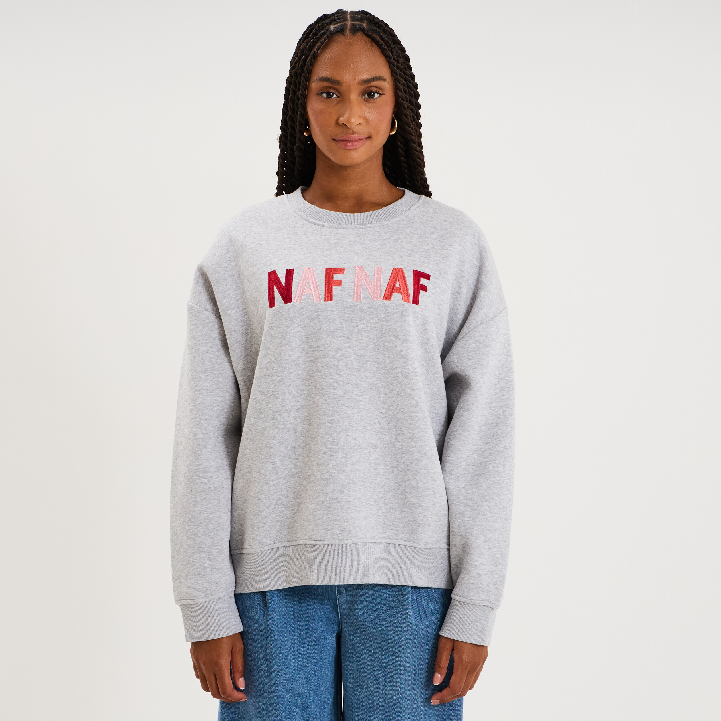 Sweat col rond logo oversize gris clair femme
