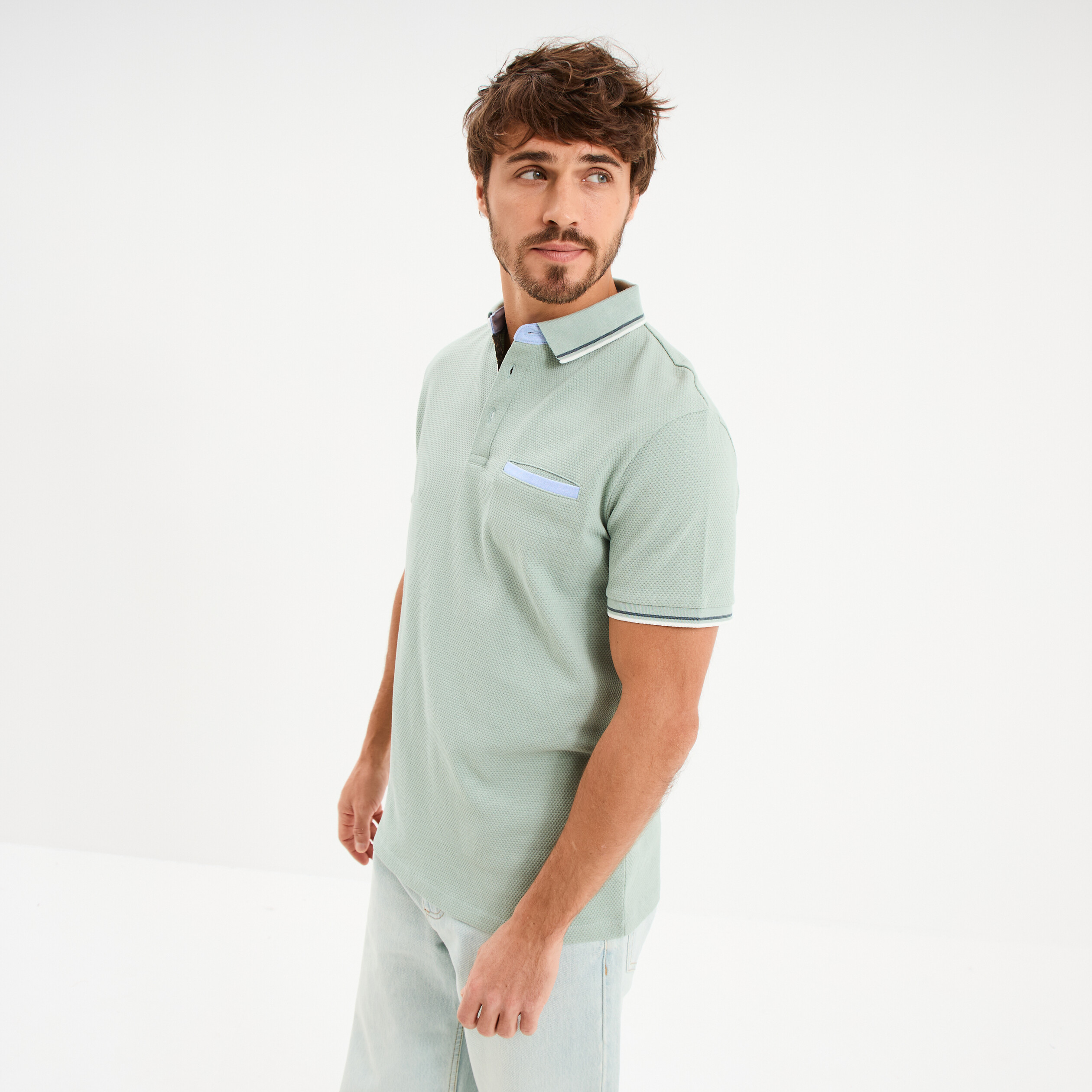 Polo piqu&eacute; manches courtes coton vert pastel homme