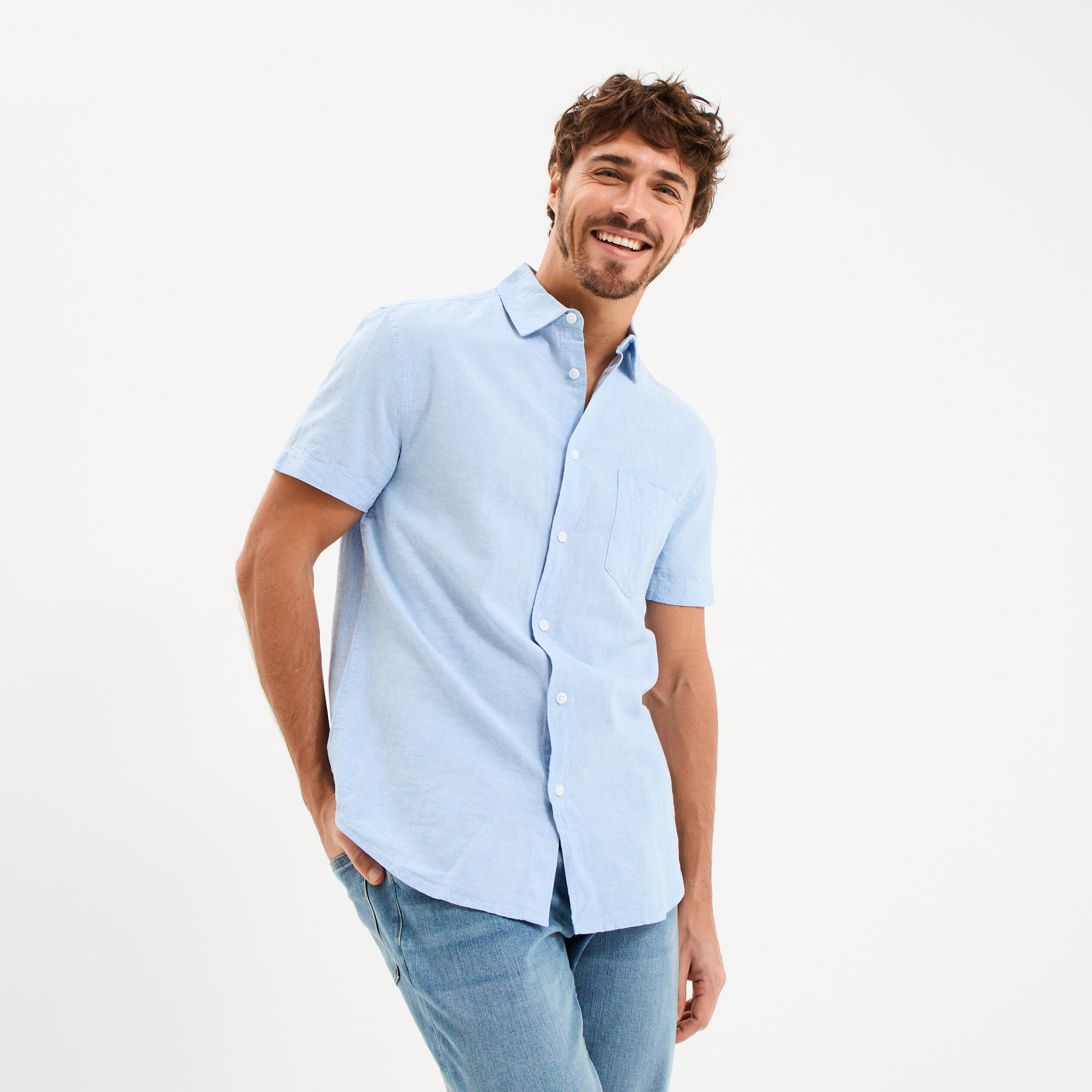 Chemise Manches Courtes Homme FYNCH-HATTON - Mélange Lin Et Coton Léger - Design Uni Avec Poche Poitrine - Idéale Pour L'Été