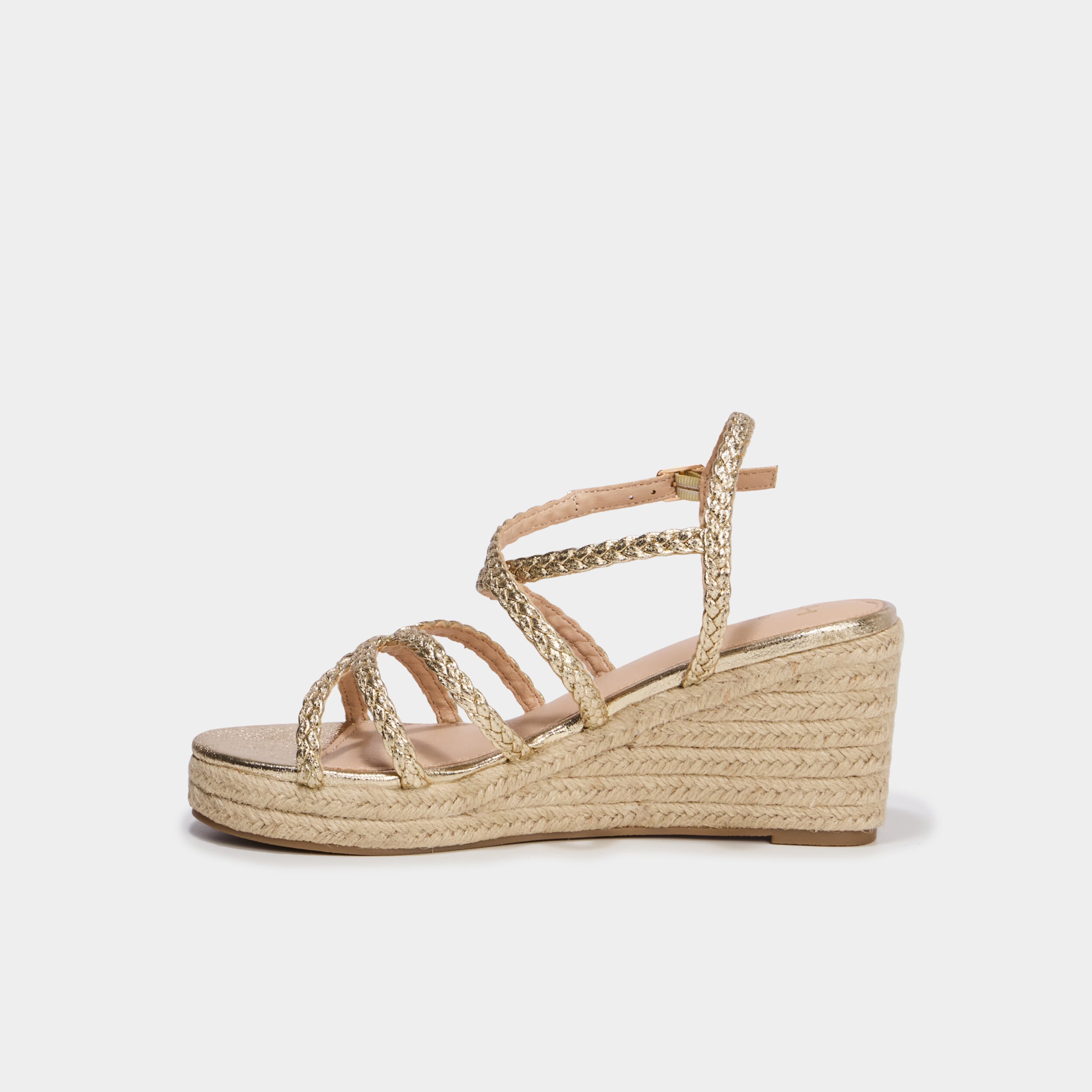 Sandales compens&eacute;es brides tress&eacute;es jaune or femme