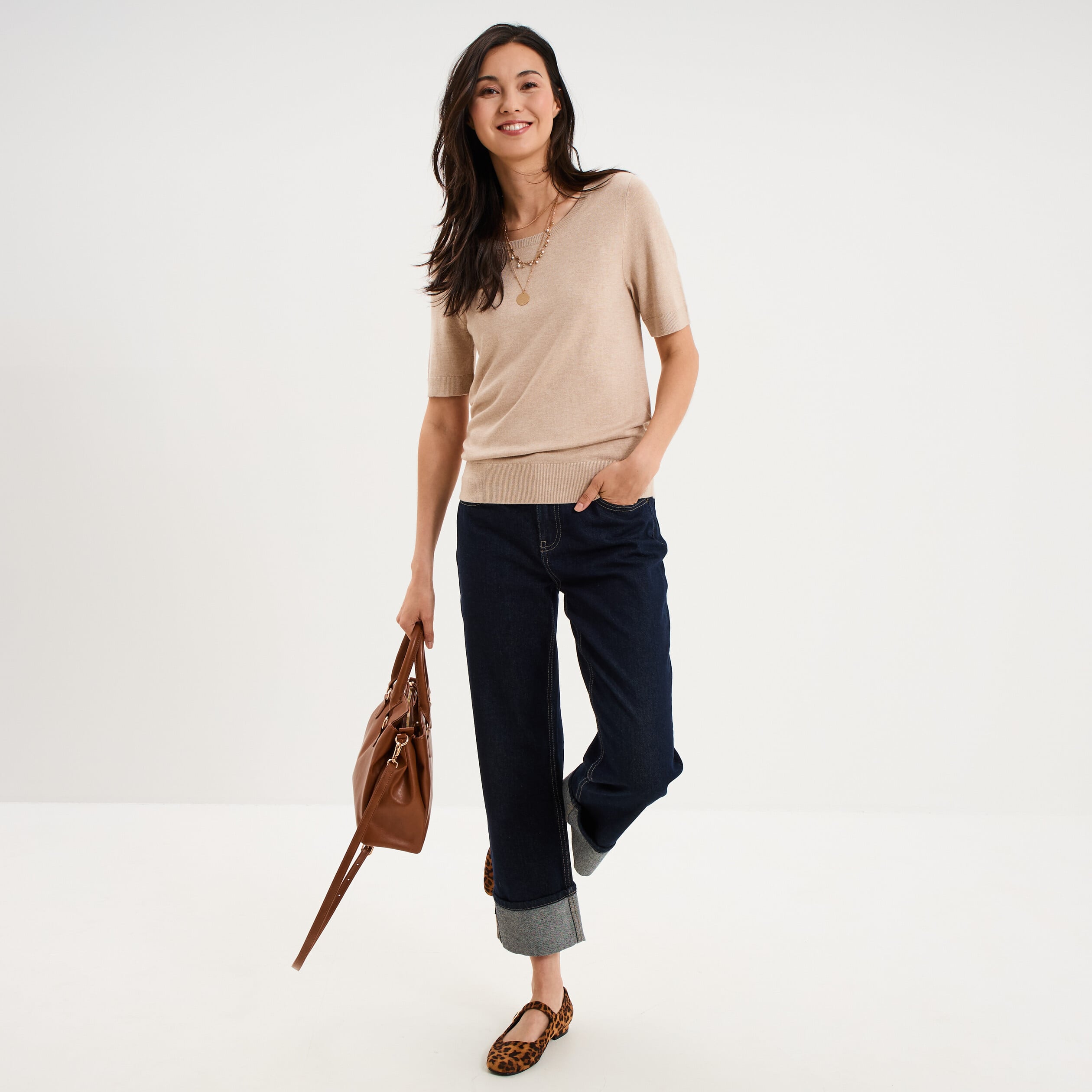 Pull manches courtes col rond beige femme